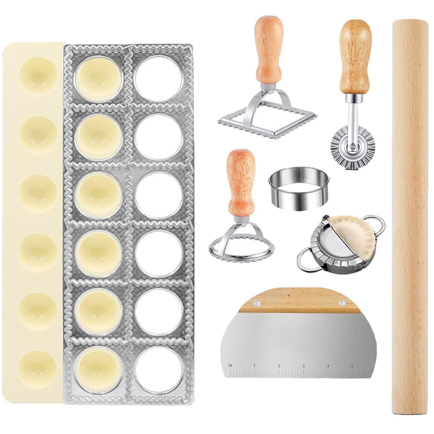8 Pcs Ravioli Mold Set Include Ravioli Maker Press ，Dough Scraper, Dumpling Maker, Ravioli Maker Cutter set,Pasta Making Kit for Ravioli Press Mold,Suitable for Kitchen Beginners Gift (A)