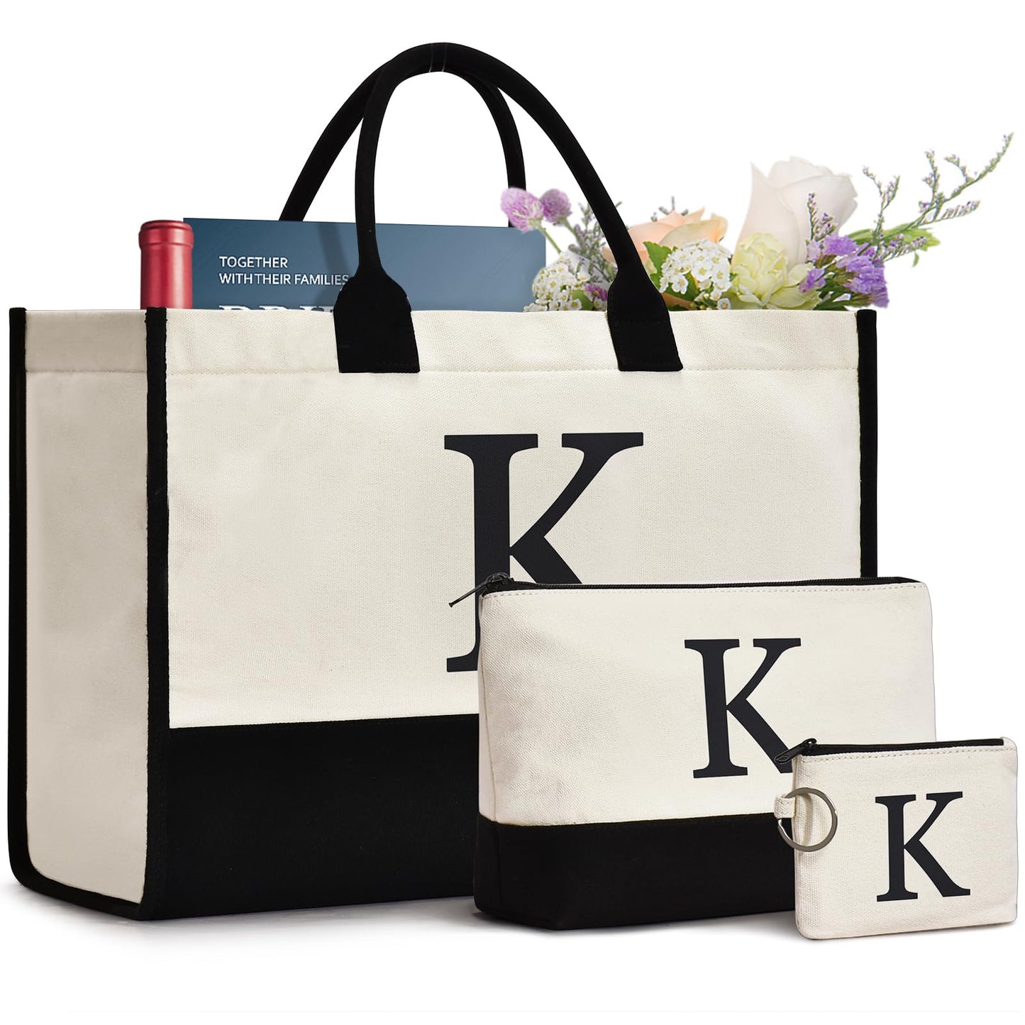 GASSDA Initial Canvas Tote Bag, Birthday Gifts For Women, Monogram Personalized Gifts For Women Mom Teachers Bridesmaids (K 3PCS)