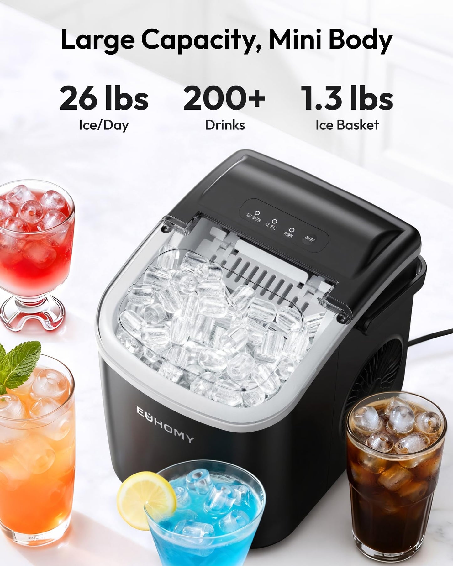EUHOMY Countertop Ice Maker Machine with Handle, 26lbs in 24Hrs, 9 Ice Cubes Ready in 6 Mins, Auto-Cleaning Portable Ice Maker with Basket and Scoop, for Home/Kitchen/Camping/RV. (Black)