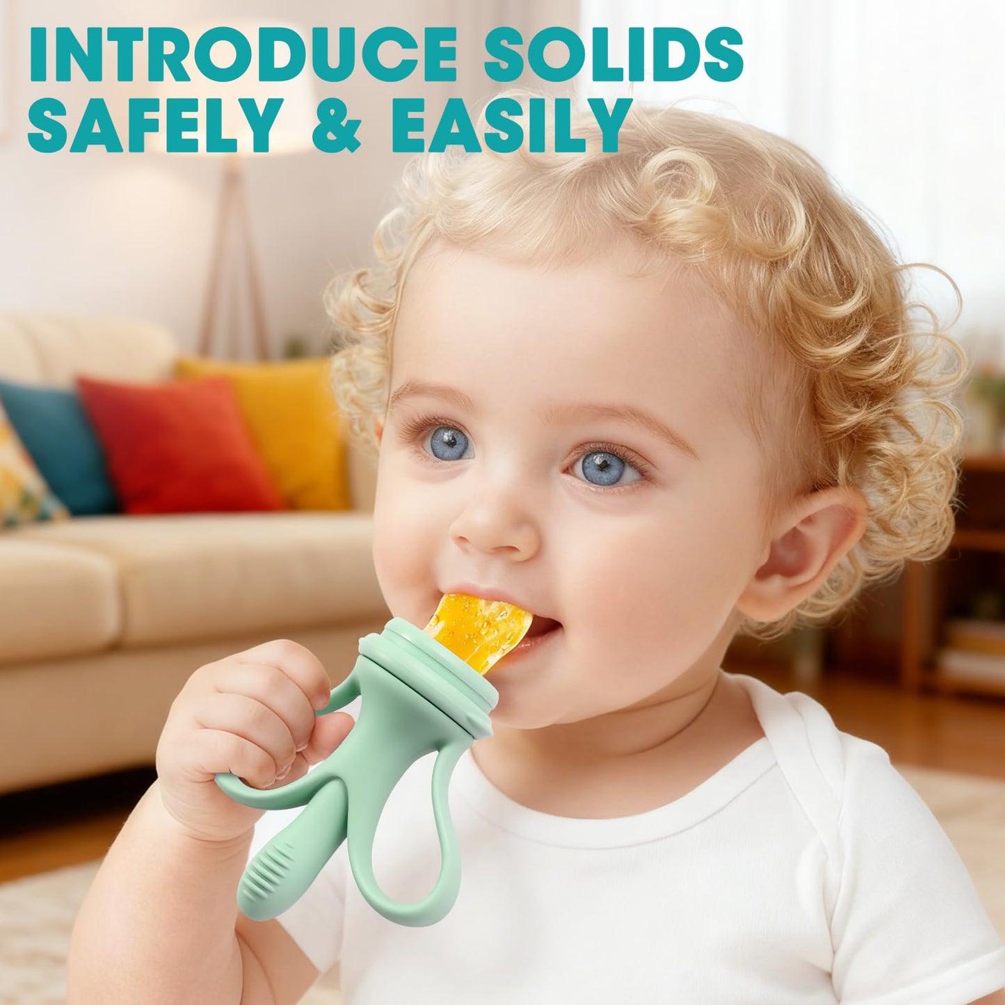 JEXFUN Baby Fruit Feeder & Breastmilk Popsicle Mold Set, Silicone Food Feeder Pacifier for Cooling Relief with 3 Replaceable Pouches, BPA-Free Teething Toy for Safe Infant Self Feeding (Pea Green)