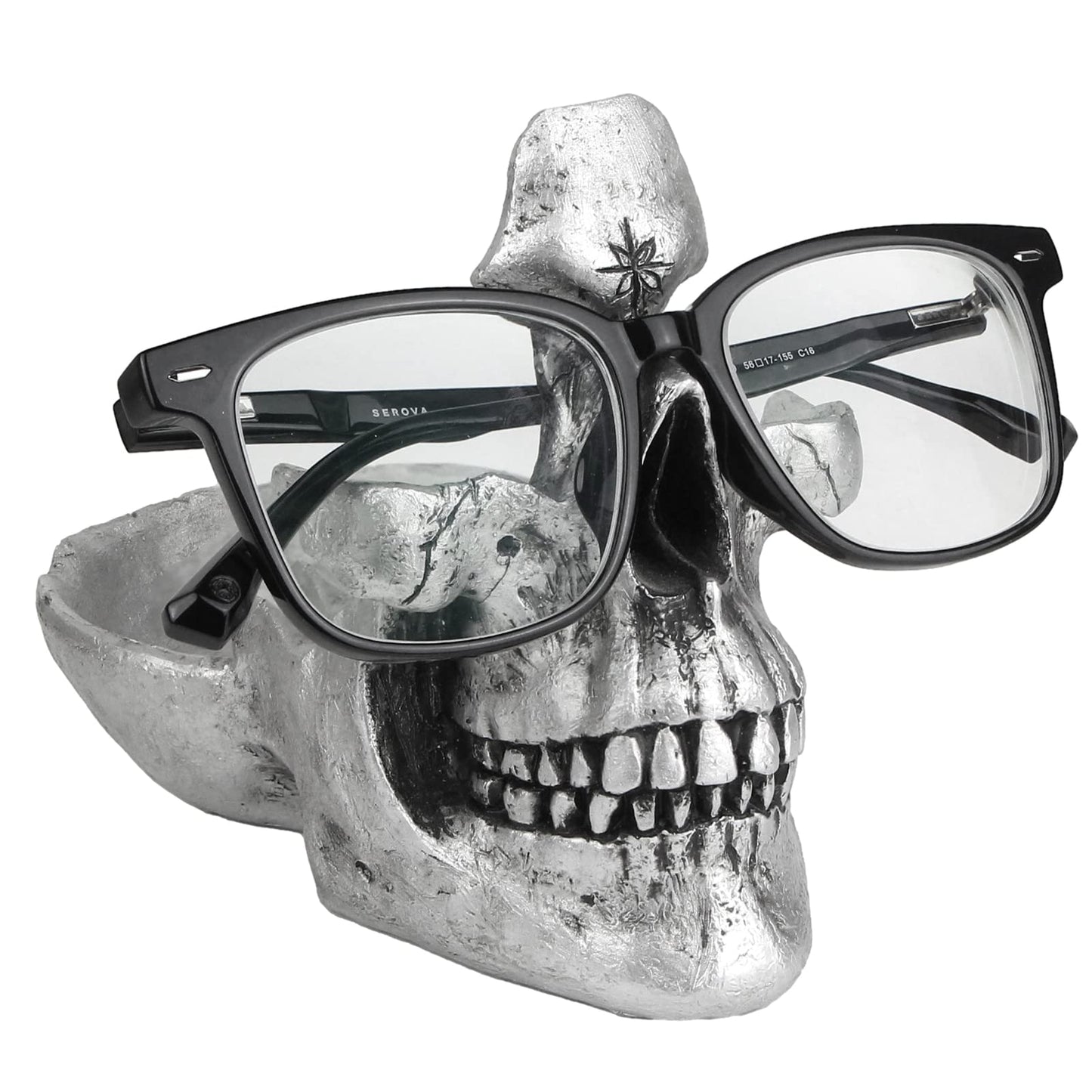 Mrlikale Skull Glasses Stand, Creative Eyeglasses Display Rack, Sunglasses Spectacle Holder, Key Holder Resin Sculptures for Entryway, Home, Office, Desk, Nightstand (Silver)