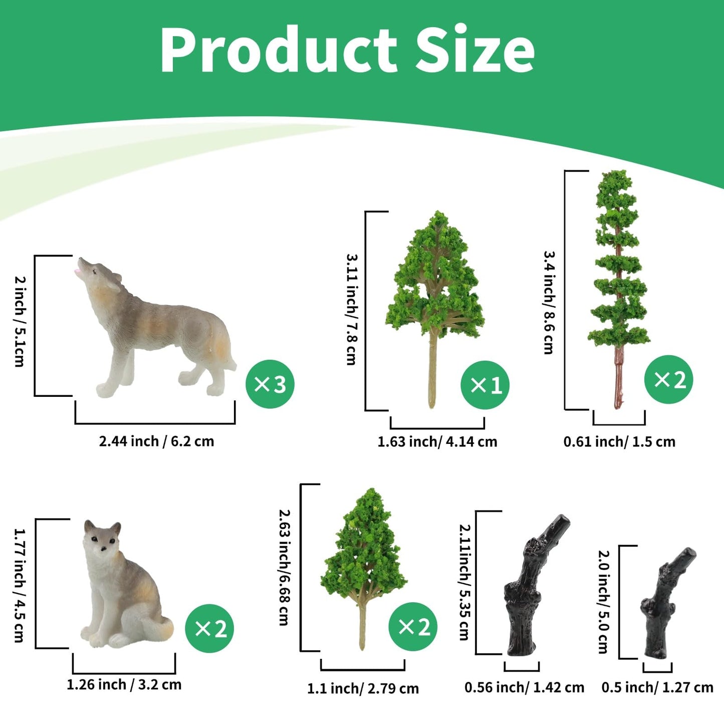 Woodland Wolf Figurines Small Resin Set, Wolf Figures Miniature with Model Trees Kit, Wolves Coyote Forest Animals Miniature Wolf Pack for Cake Toppers Diorama Projects Terrarium Landscape Decor 12Pcs