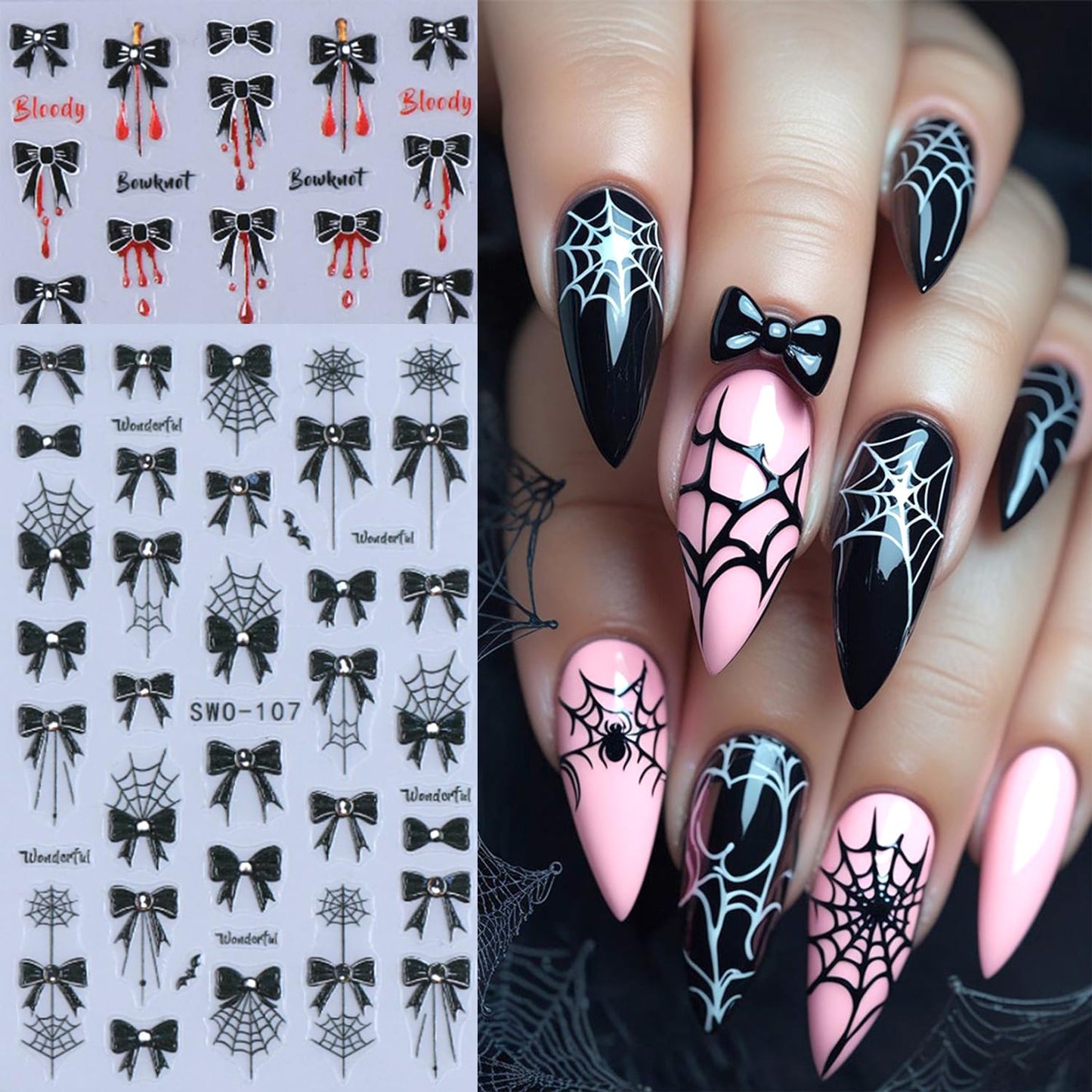 2Sheets Halloween Nail Art Stickers 3D Embossed Black Bow Spider Web Nail Decals with Rhinestones Design Nail Sticker Self Adhesive Bows Blood Drop Textured Nail Decal for Women DIY Nails Decor Supply