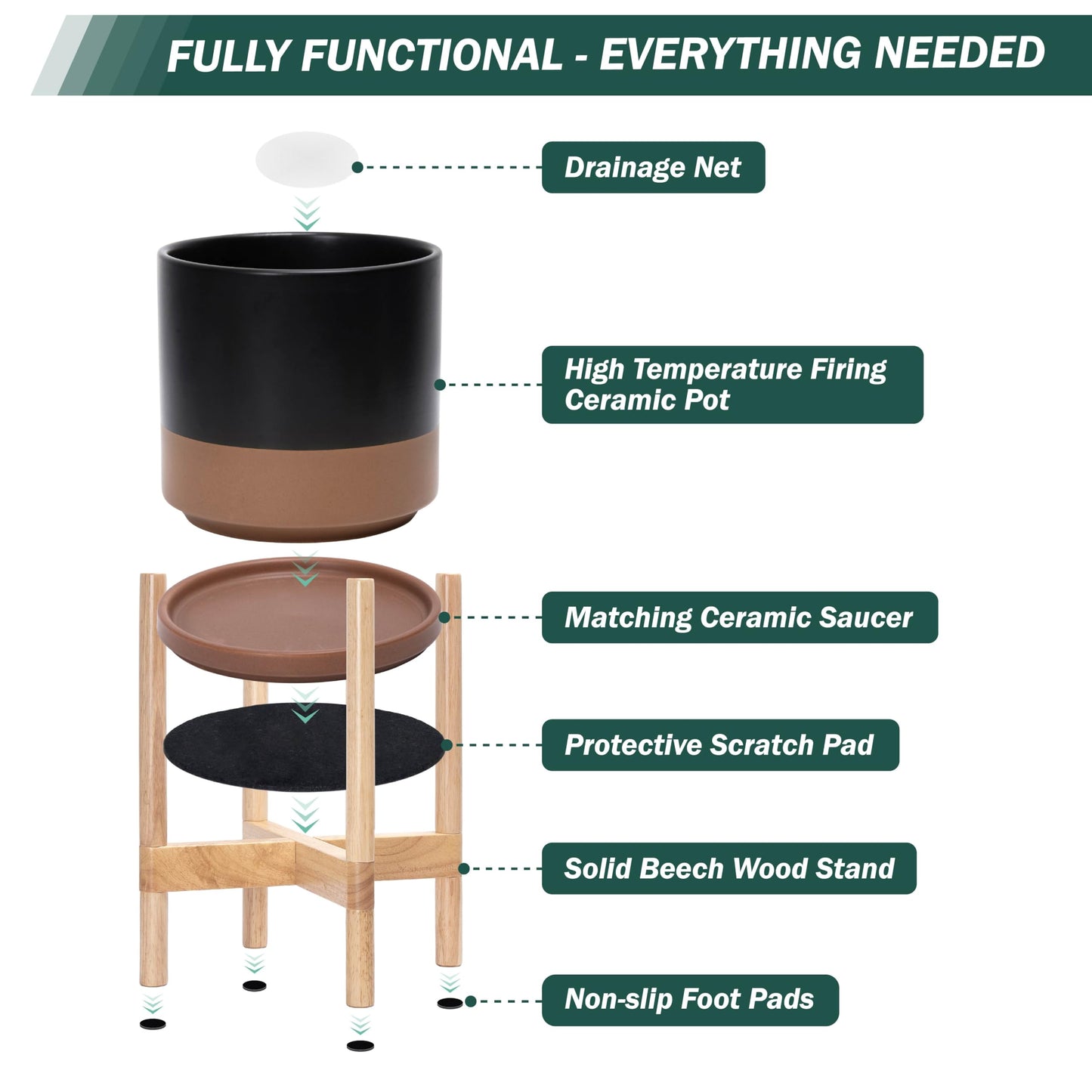 D'vine Dev Ceramic Planter with Natural Stand - 8 Inch Modern Round Flower Pot with Wood Planter Holder, Black/Speckled Tan, 55-B-N-7