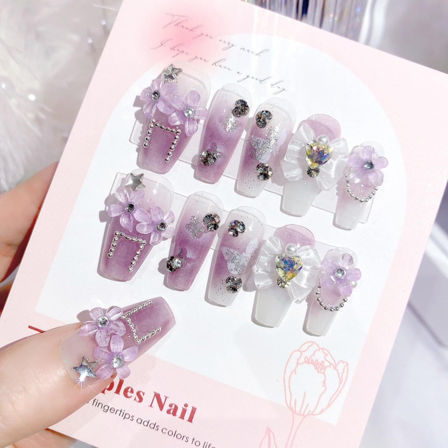SINHOT Luxury Press on Nails - Long Coffin Fake Nails 3D Handmade Purple Flowers Reusable False Nails with Rhinestone Designs,DIY Artificial Nail Art, 24pcs