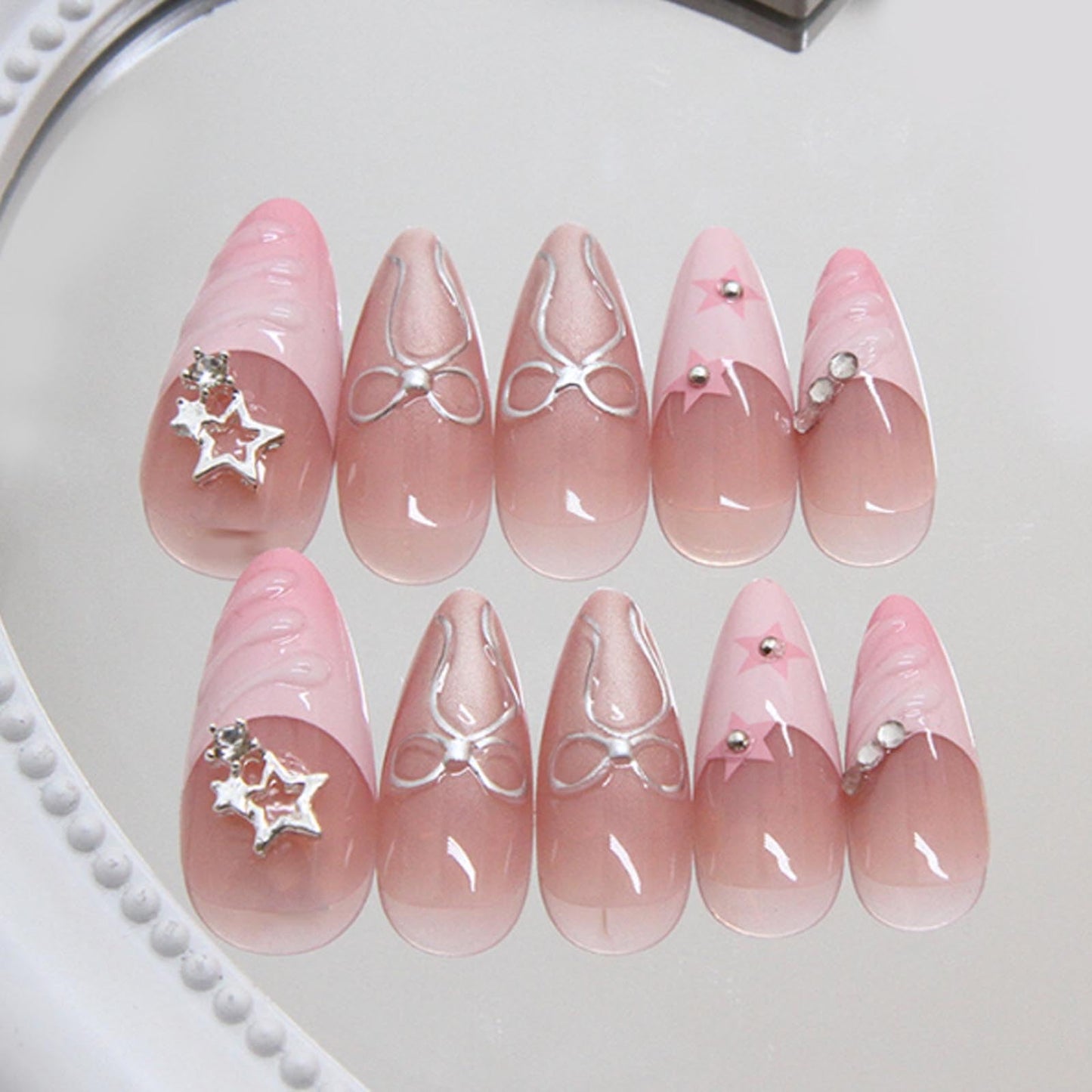 Hkanlre Almond Fake Nude Nails Tips Full Cover False Medium Nails Summer Flower Press on Nails for Women 24PCS