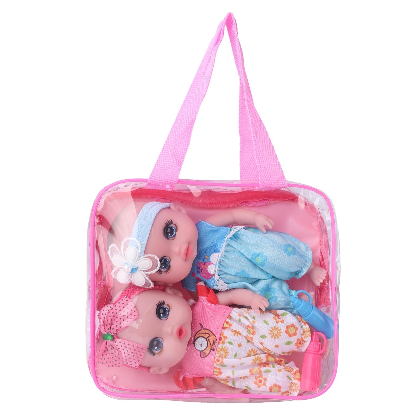 Beem Jun 6 Inch Small Baby Doll Handbag Bag Set with Little Bottle，All Vinyl Reborn Baby Dolls Nursing Set for Kids.Easter Baby Doll Kit (Pink & Blue)