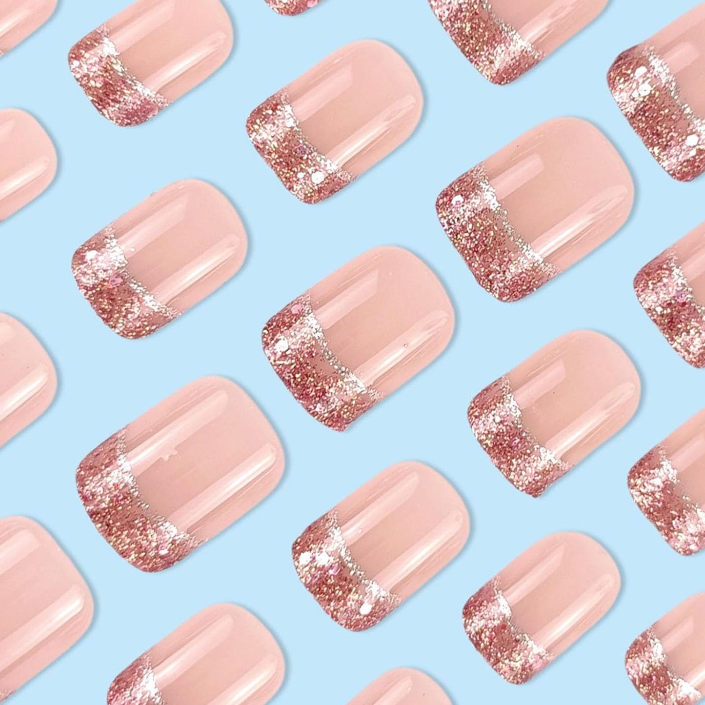 French Tip Press on Nails Short Square Fake Nails with Glitter Designs Nails Press ons Nude Glue on Nails Glossy Acrylic Nails Simple False Nails Cute Stick on Nails for Women 24Pcs