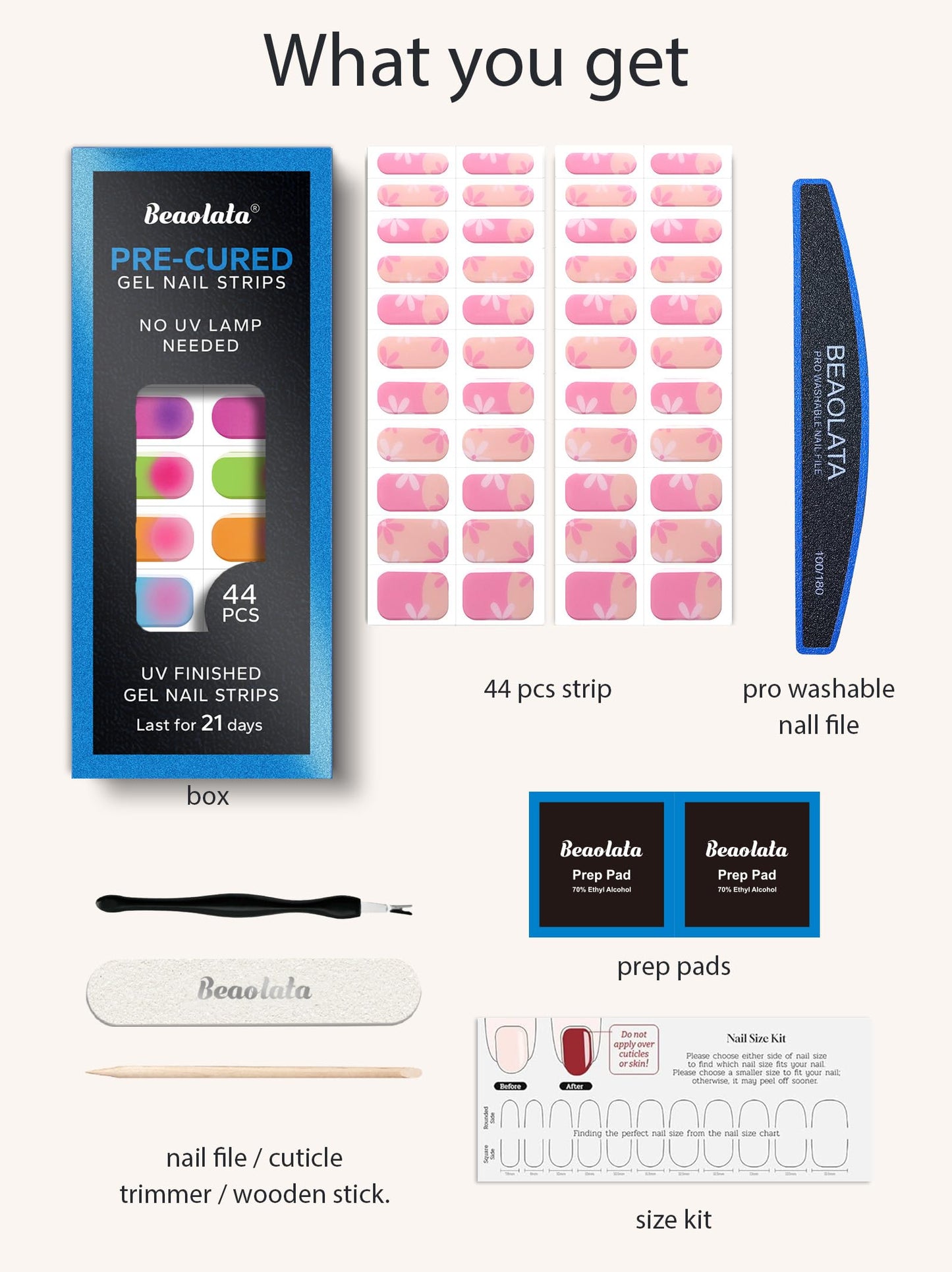 Beaolata Real Gel Nail Strips (No UV Light Needed) - 44Pcs Salon Quality Nail Stickers - Long Lasting Polish Wraps for Women, Easy Apply & Remove (Pink Pop Posies)