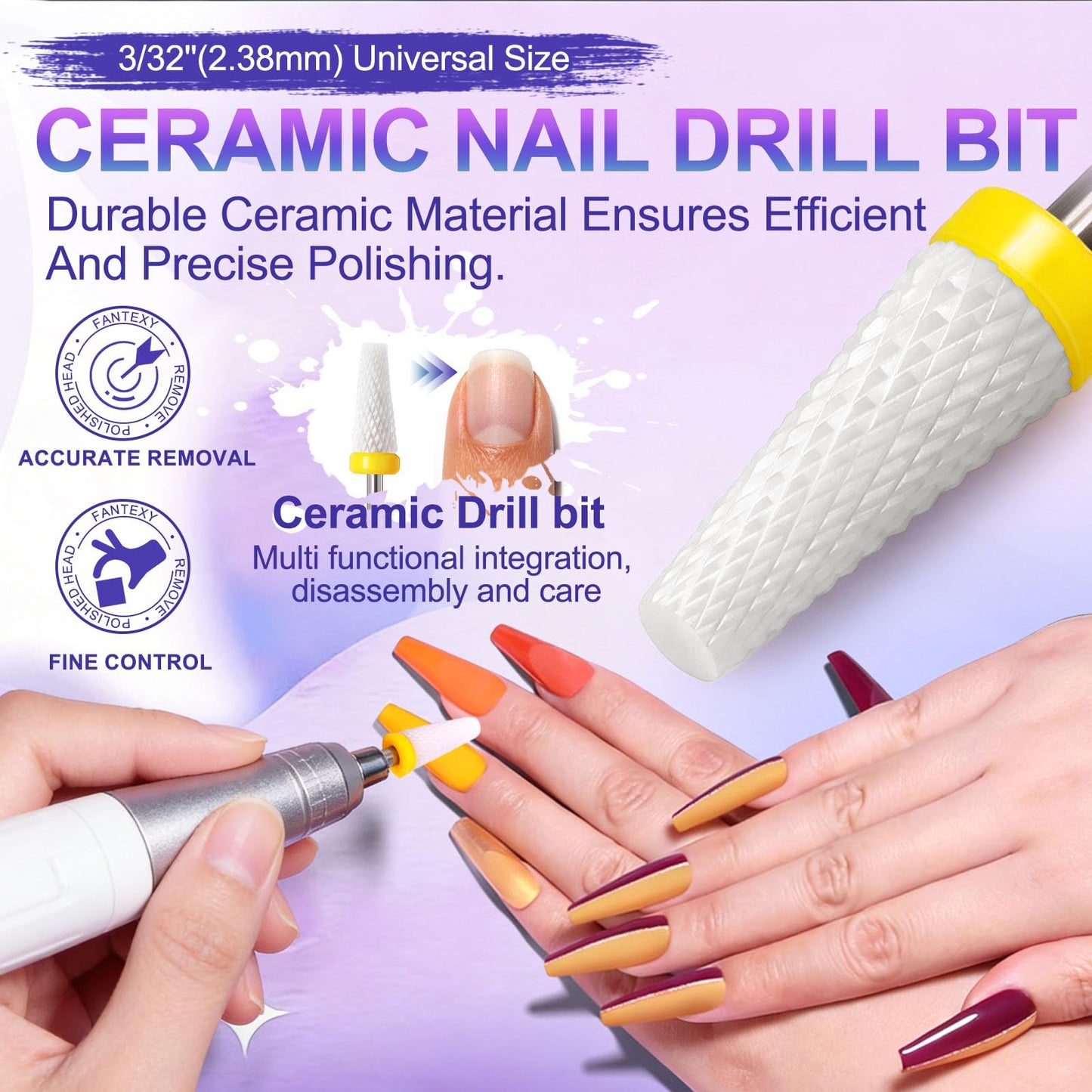 Fantexy Ceramic Nail Drill Bit - 3/32'' Conical Flat Head Bit for Cuticle Clean & Dead Skin Removal, Professional Nail Tool for Nail Art,Manicure,Pedicure,Gel,Cuticle Clean(Extra Fine - XF)
