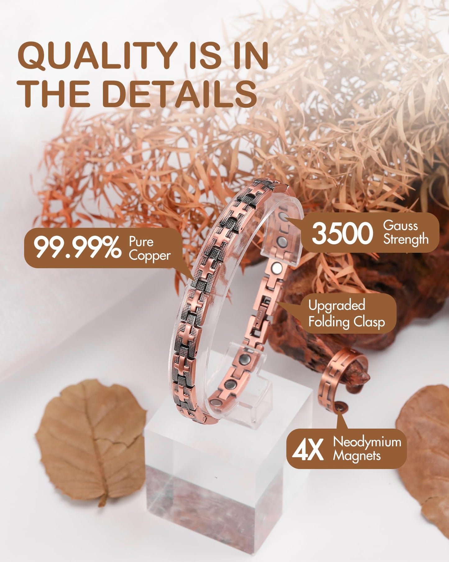 Feraco Solid Copper Bracelets & Rings for Women, Ultra Strength Magnetic Bracelet with 3500 Gauss Neodymium Magnets, Adjustable with Sizing Tool, Cross Jewelry