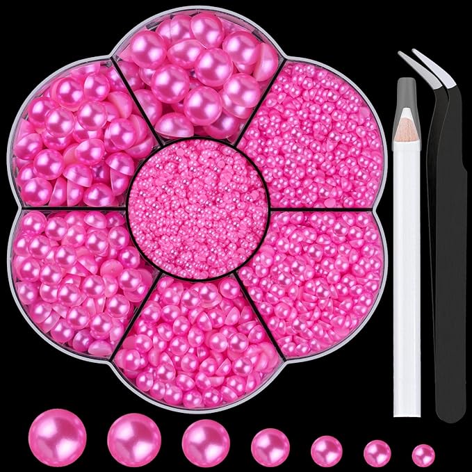Nail Art Flat Back Half Round Pearl Kits 25, 1 Box of 6000 Pcs Flat-Back Peach Pearl with Tweezer and Picker Pencil for Home DIY Nails Body Face Craft and Salon Use