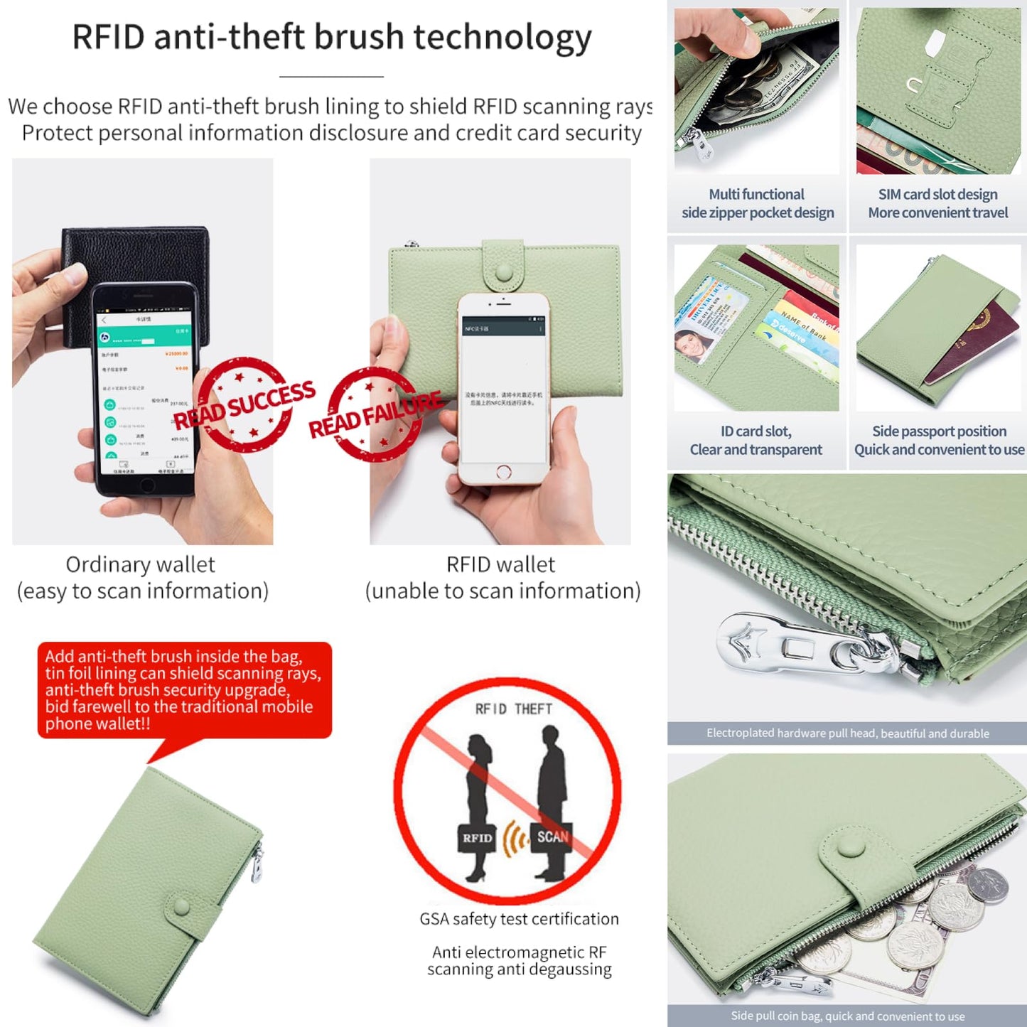 Genuine Leather RFID Blocking Passport Holder Wallet, Multi-Functional Travel Document Organizer with Zipper Pocket, Includes SIM Card Ejector Pin (Blue)