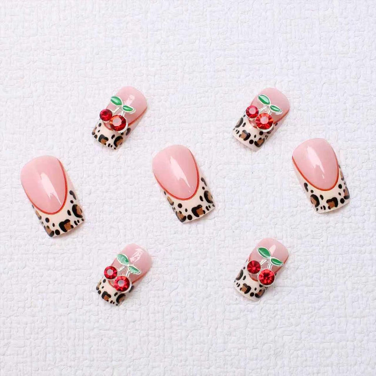 French Tip Press on Nails Square Medium Fake Nails with 3D Cherry Leopard Print Designs Glossy Glue on Nails Nude Full Cover Nails Press ons Fall Acrylic Artificial Stick on Nails for Women 24Pcs