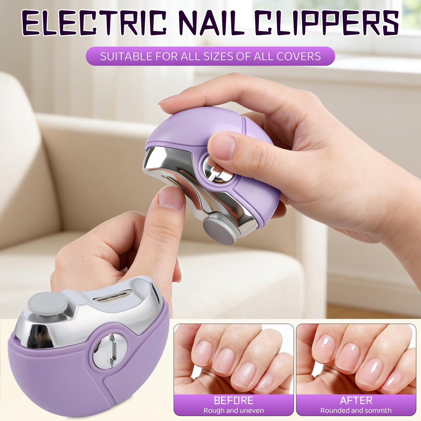 Upgraded Electric Nail Clipper, 3-in-1 Automatic Nail Trimmer & Polisher with 2 Speed Settings, for Seniors and Adults, Multi-Functional Nail Care Tool (Purple)