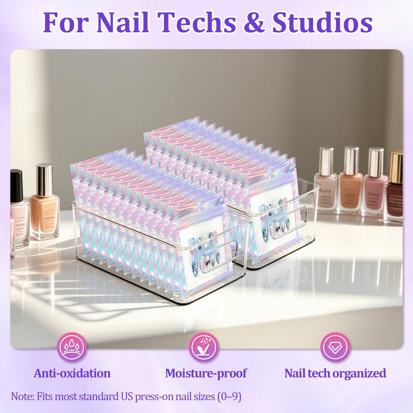 100PCS Press on Nail Packaging Bag, 100PCS Display Card with 231 Pcs Pre-cut Adhesive Tape & Diamond Art Pens & Glue Clay & Tweezers, 6-in-1 Set for Nail Display (Laser)