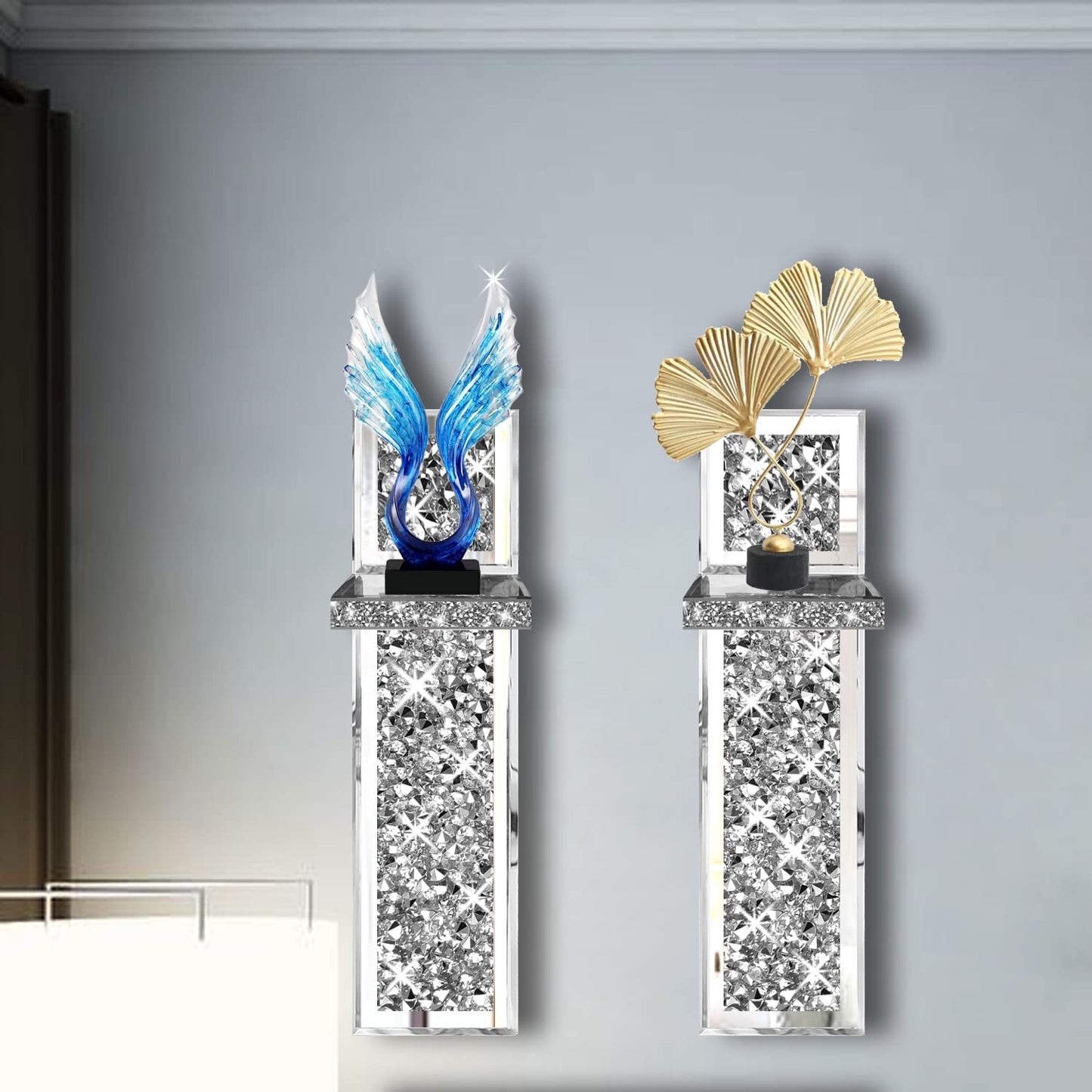 ZOLAPI Set of 2 Crystal Crush Diamond Candle Sconces, Gorgeous Silver Mirrored Wall Sconce, Candle Holder Glass Wall Decorations for Home Décor, Living Room, Dining Room.