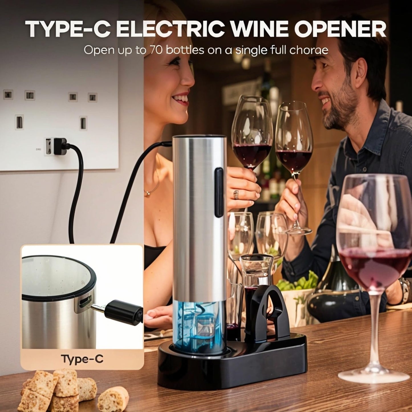 SANOVIO 6-in-1 Electric Wine Opener Set - Rechargeable Automatic Corkscrew with Vacuum Sealer, Wine Aerator, Foil Cutter & Charging Base,Valentine's Day Gifts, Wine Lovers (Stainless Steel)