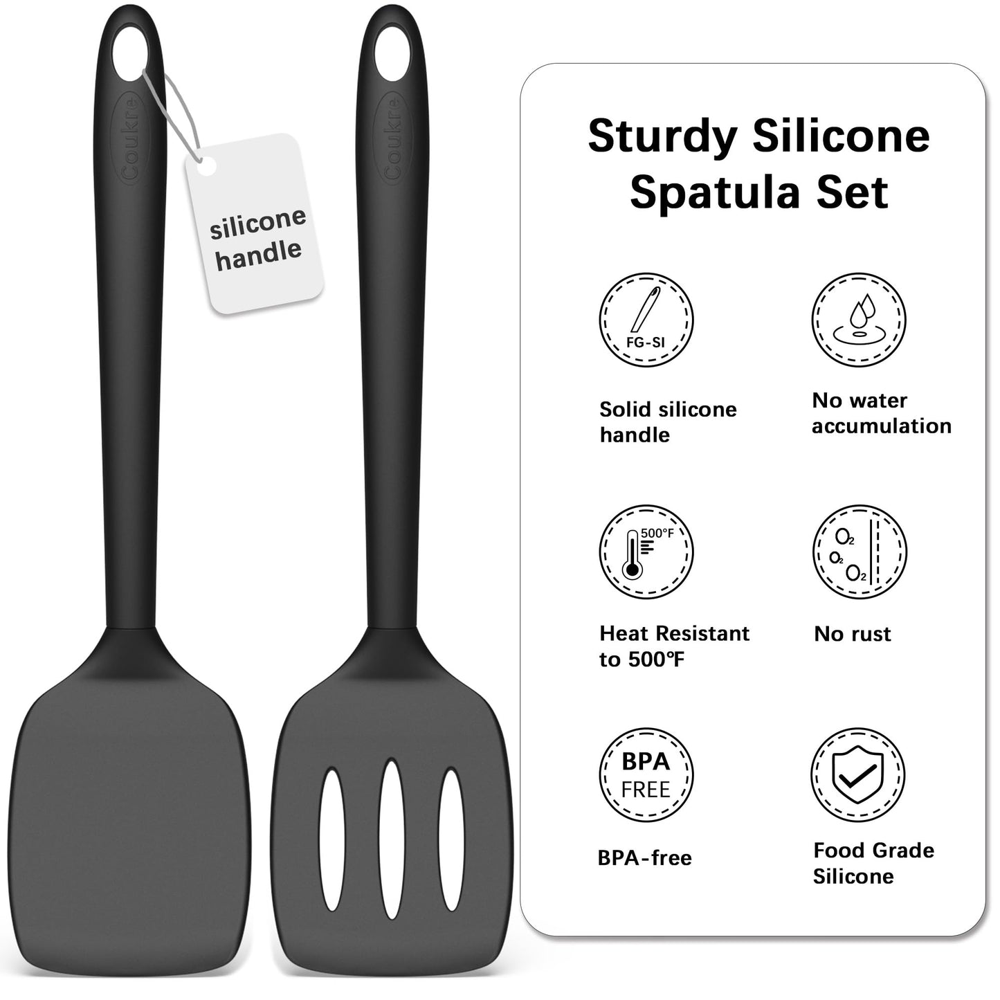 Coukre 2 Pack Silicone Spatula Set, High Heat Resistant, BPA Free Kitchen Spatula, Solid & Slotted Turner for Non-Stick Pans, Sautéing, and Flipping (2, PureBlack)