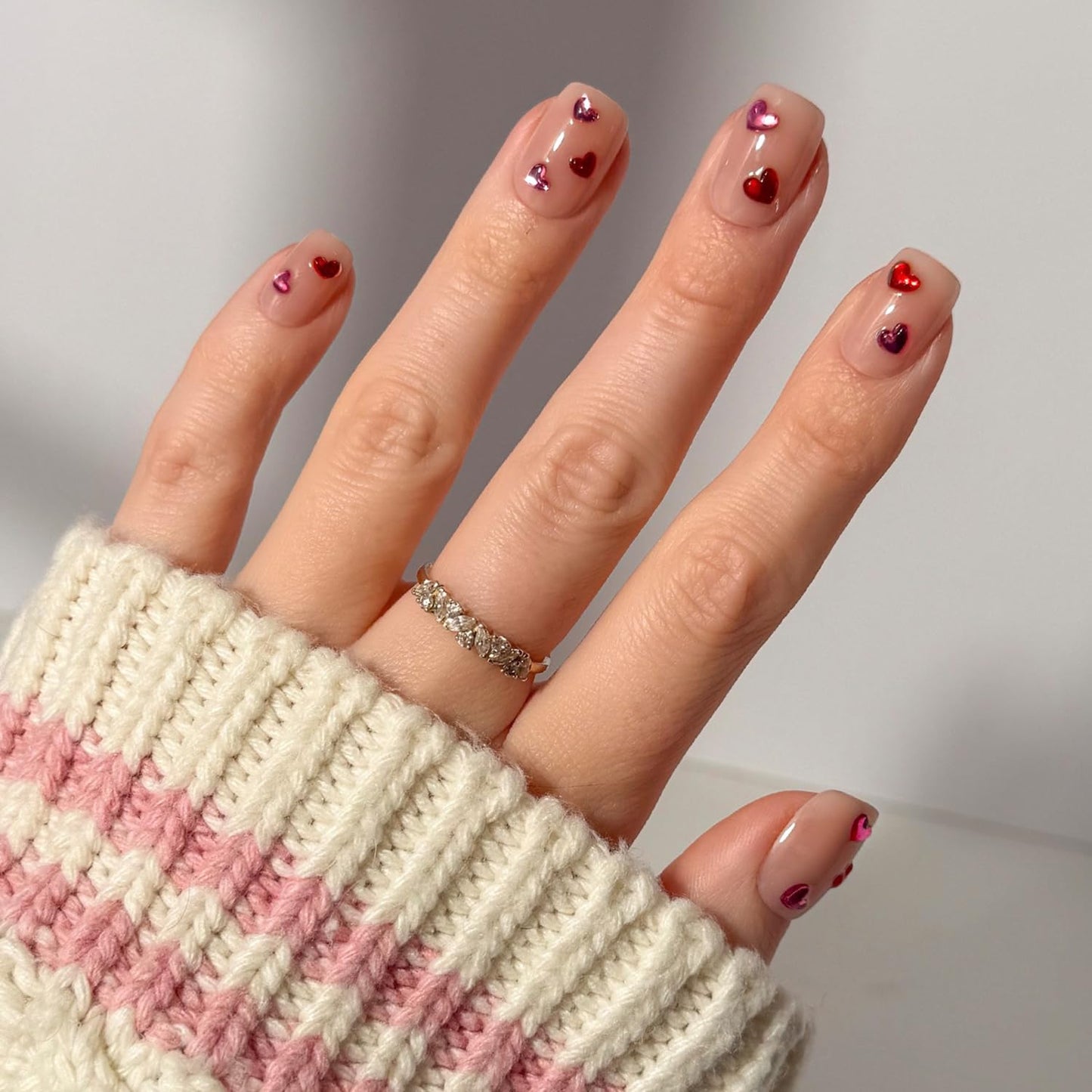 Glamnetic Press On Nails - Dear Lover | Short Squoval Fake Nails in Sheer Base with 3D Red & Pink Gemstone Heart Designs in a Glossy Finish | 15 Sizes - 30 Nail Kit with Glue
