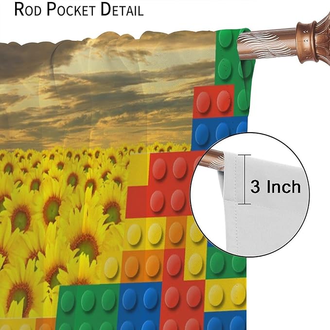 Colorful Building Blocks Sunflower Flower 3D Toy Printed Curtains, Building Blocks, Floral Sunflower Curtains, Interesting Brick 3D Design, Boys and Girls Room Curtain Panels, 2 Panels 42x54in