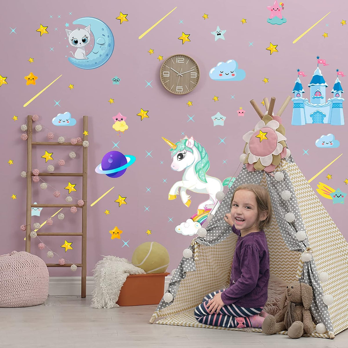 Glow in The Dark Unicorn Stickers, 206 pcs Cats and Moon Wall Decals, Glowing Castle Clouds Ceiling Decor for Kids Bedroom, Stars and Rainbow Wall Decor for Girls and Boys Gift