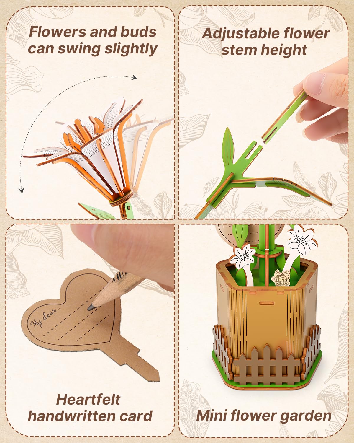 KAAYEE 3D Flower Wooden Puzzles for Adults, 70 PCS Wood Lily DIY Craft Kit Brain Teaser Creative Gift for Puzzle Lovers Home Decors Fake Flowers for Table, Desk, Office