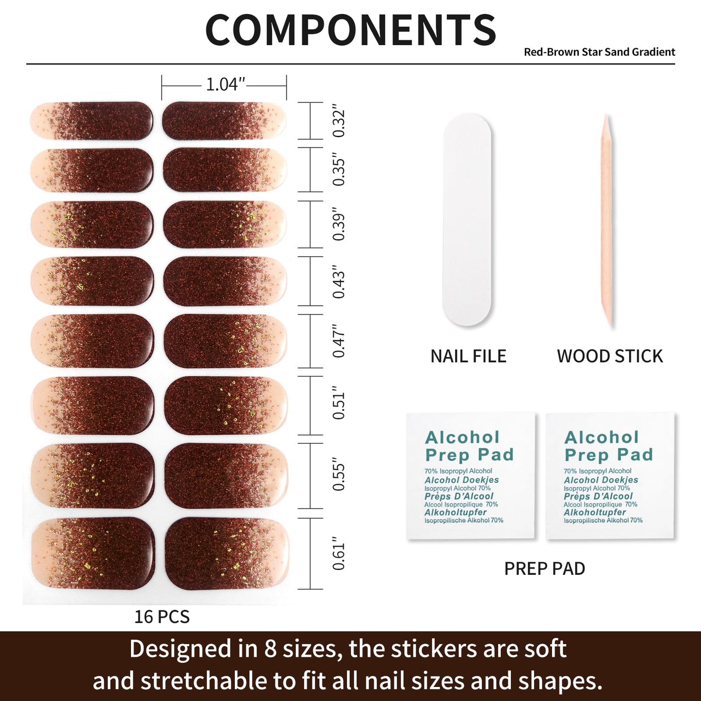 Semi Cured Gel Nail Strips -Burgundy Gold Flake Ombre-Stylish Nail Wraps, No UV Light Needed, Effortless Application & Removal, Salon Quality, Includes 16 Wraps, 1 Prep Pad, Wooden Stick & Nail File