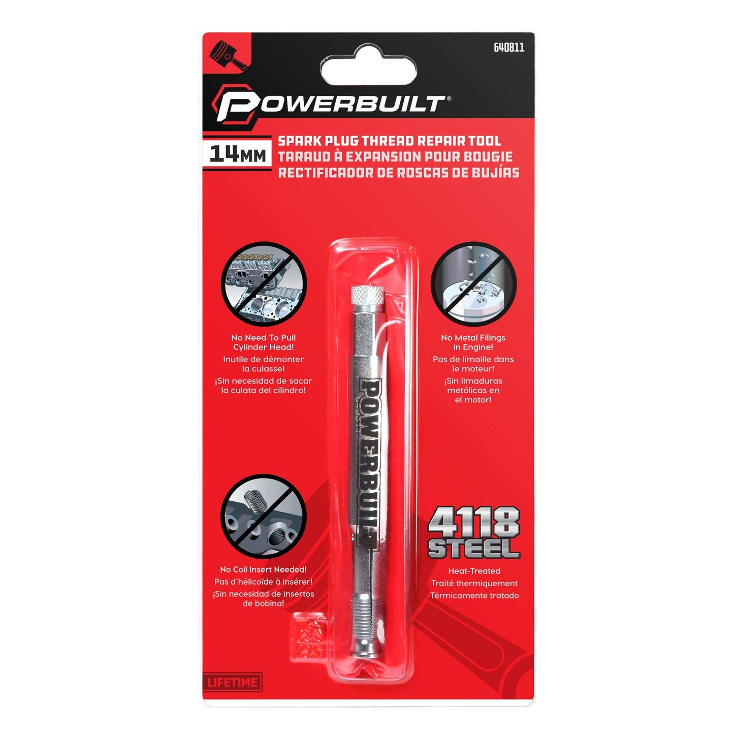 Powerbuilt 14mm Back Tap Spark Plug Thread Repair Tool, Straightening Tool, Motorcycle Spark Plugs, Repairs Damaged Threads, Collapsible Design - 640811