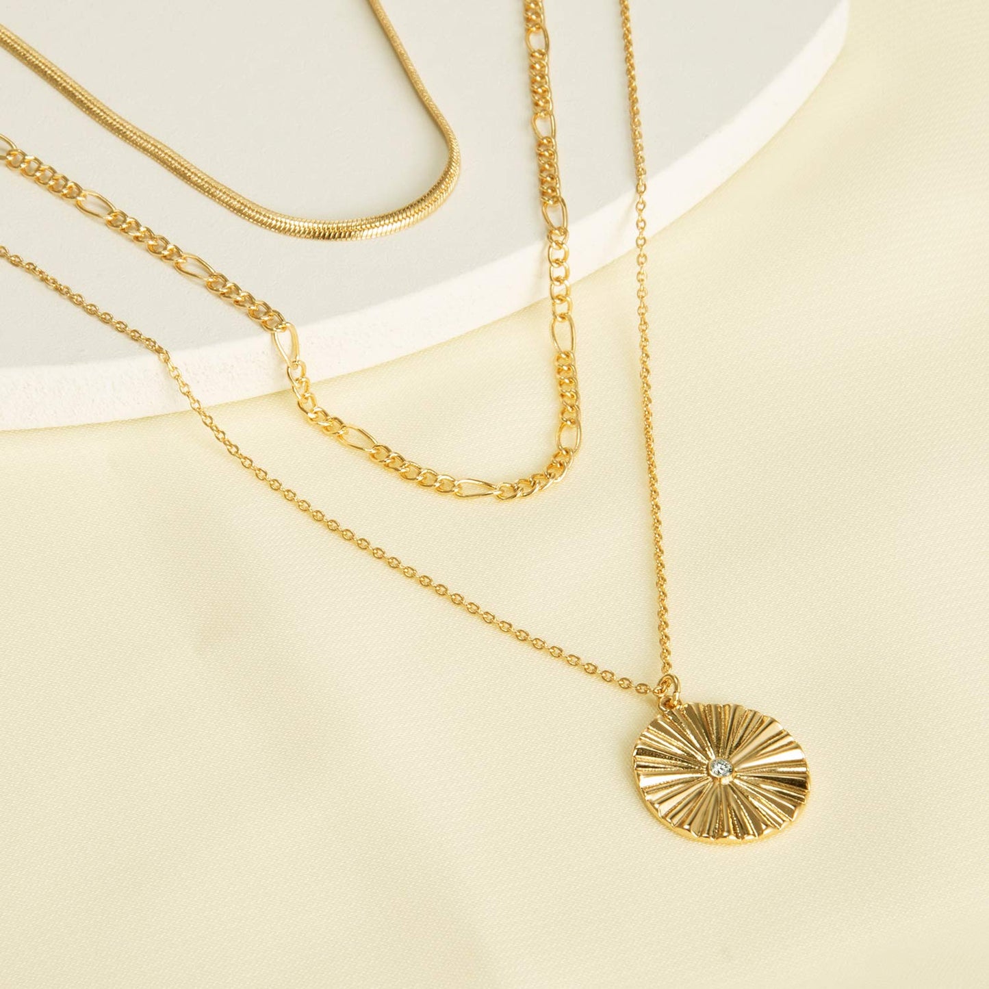 LANE WOODS Layered Necklaces for Women: 14K Gold Plated Long Necklace with Sunburst Pendant
