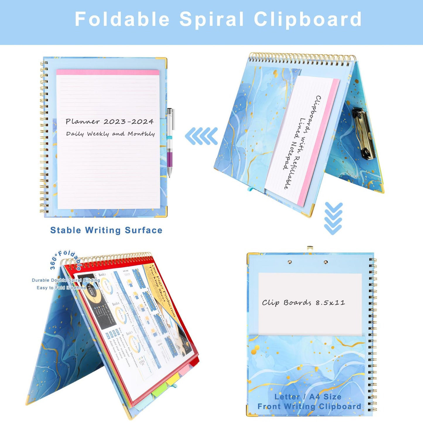 Foldable Spiral Clipboard Folio with Refillable Lined Notepad,5 Plastic Folders with 10 Pockets,Storage Clipboard Folder with Labels,Clipboards with Storage for Office Planner Clip Board-Pale Blue