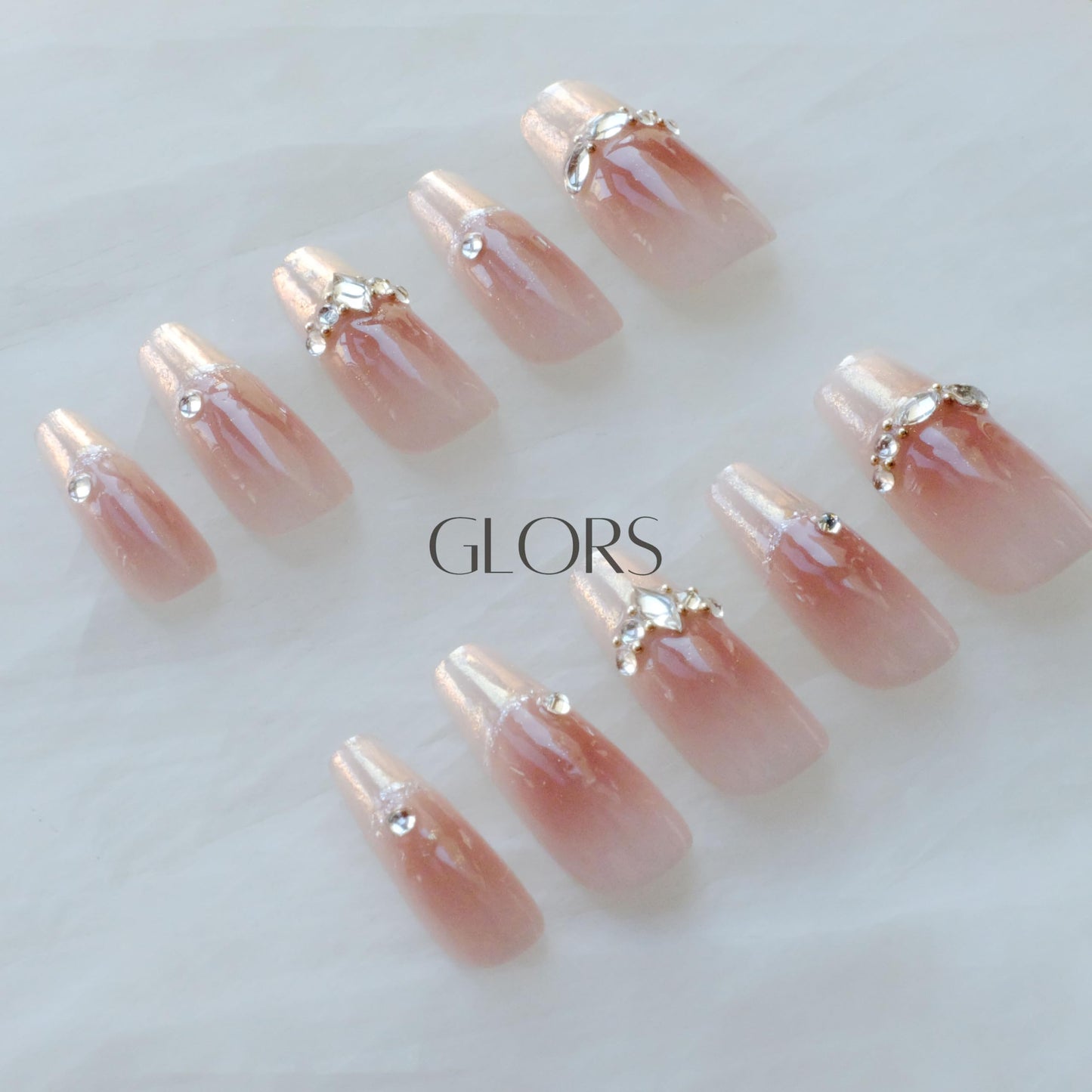 GLORS Long Ballerina Press-on Nails, Pink French Style with Rhinestones, Coffin Shape, Handmade False Nail 10 Pieces (Small,LB)