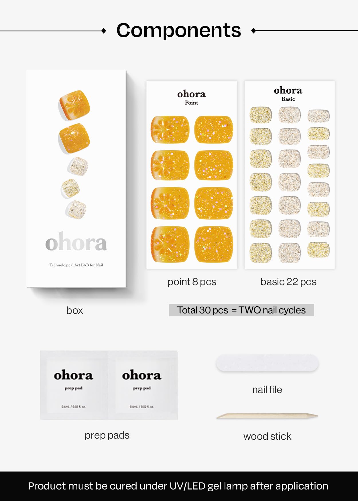 ohora Semi Cured Gel Pedi Strips (P Orange Splash) - Works with Any Nail Lamps, Salon-Quality, Long Lasting, Easy to Apply & Remove - Includes 2 Prep Pads, Nail File & Wooden Stick