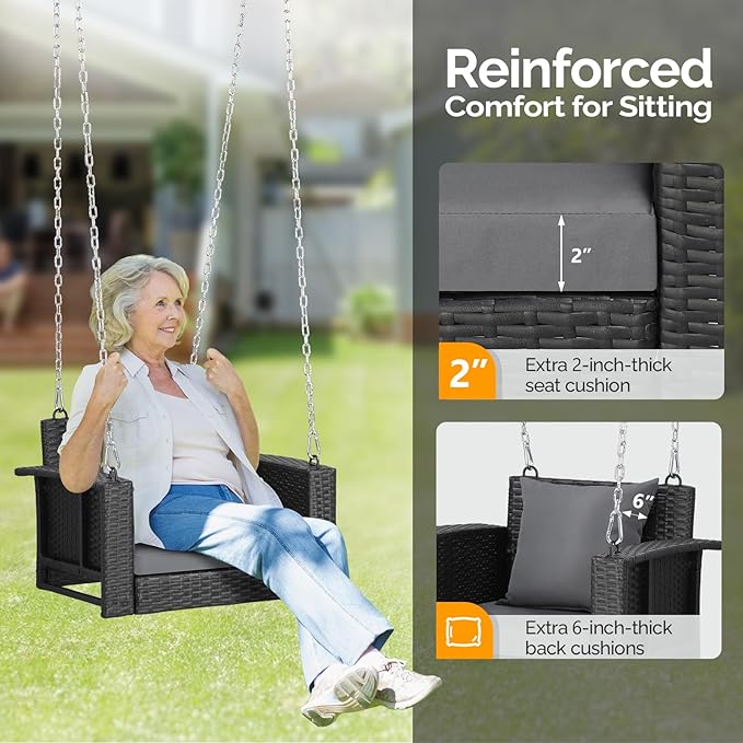 VINGLI 2.2 FT 1-Person Use Rattan Porch Swing Outdoor Support 440 LBS with Cushions & Adjustable Chains, Patio Wicker Swing Bench Chair for Garden, Yard, Lawn, Tree, Black