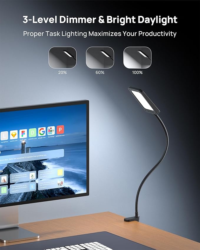 TROND LED Desk Lamp with Clamp, 1000LM Super Bright 3-Level Dimmable Desk Light 6000K Daylight, Extra-Long Flexible Gooseneck Clip on Light, Eye-Care Clamp Lamp for Painting, Workbench,Reading