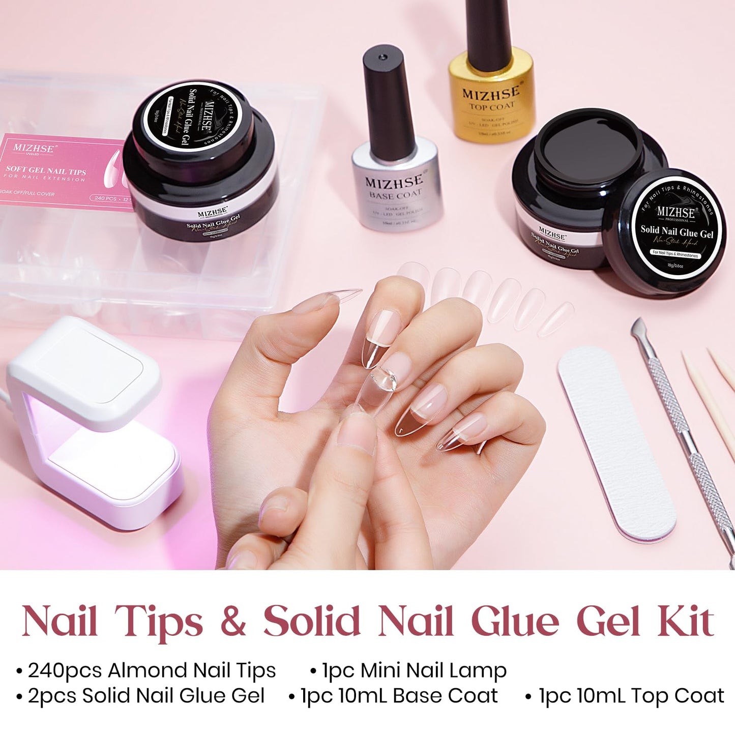 MIZHSE Gel Nail Kit, Solid Nail Glue Gels with 240Pcs Almond Medium Nails Tips Soft Gel Half Matte, Portable U V LED Nails Lamp Gels Extension Kit for Salon Art Home DIY Manicure
