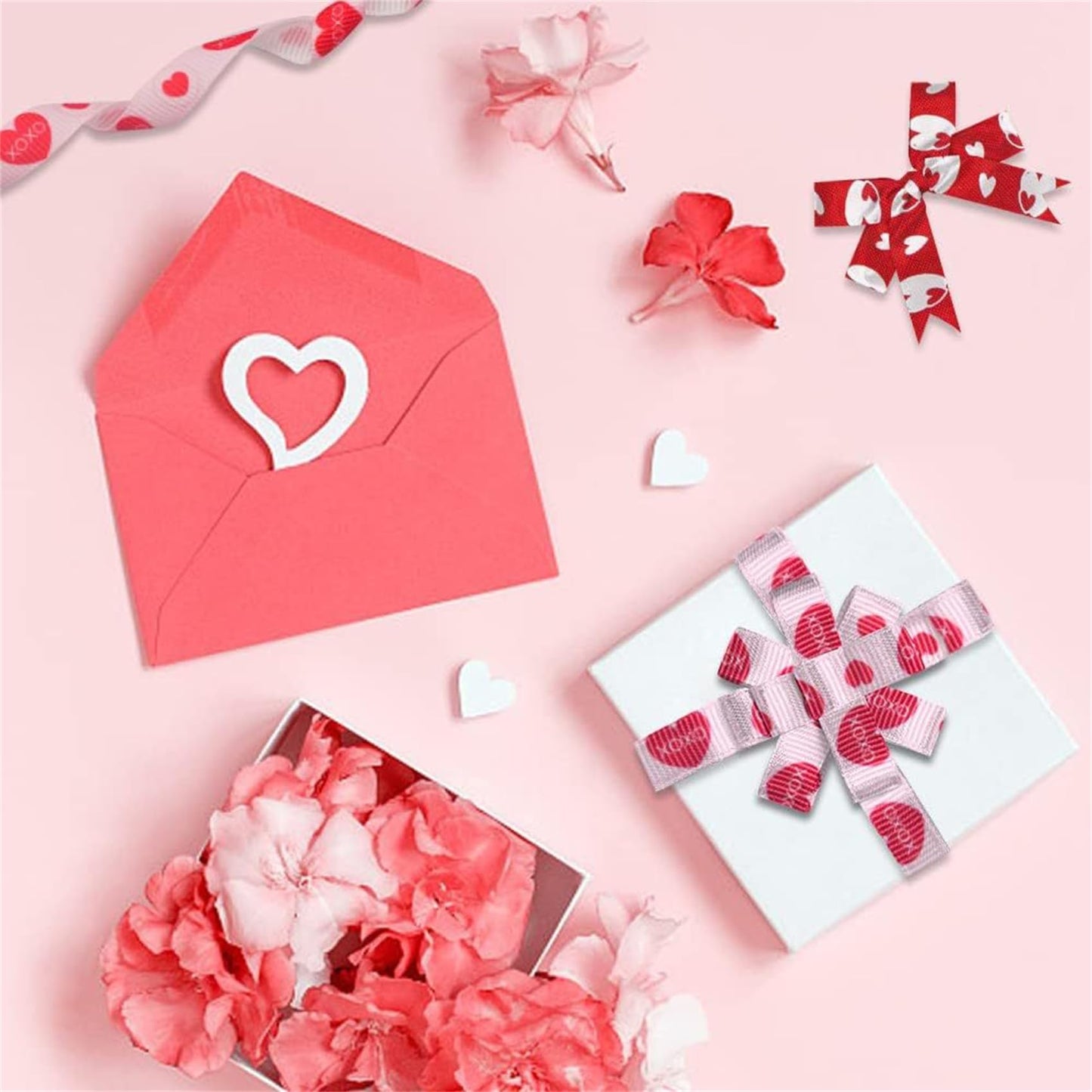SCECALA 7 Rolls Red Ribbon (35 Yards Total) - Gold Foil Stamped Love You Forever Polyester Heart White Ribbon 0.63" for Gift Wrapping, Flower Bouquets, DIY Crafts, Party Decorations