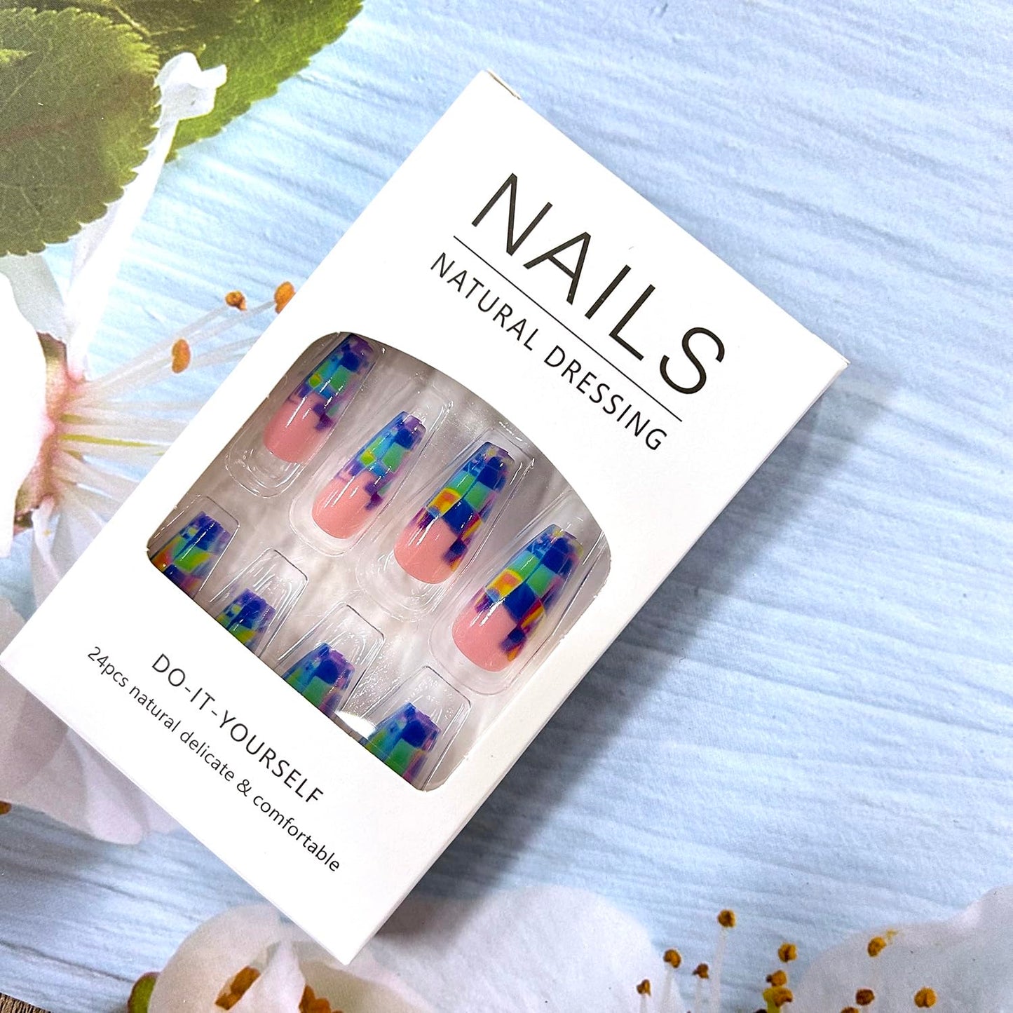 CJDLTS Press on Nails Long Ballet Shaped Colorful Geometry Smudge Pattern Design Full Cover Glossy Acrylic Fake Nail French Artificial Fingernail Ballet Press Ons Stick on Nails for Women 24Pcs