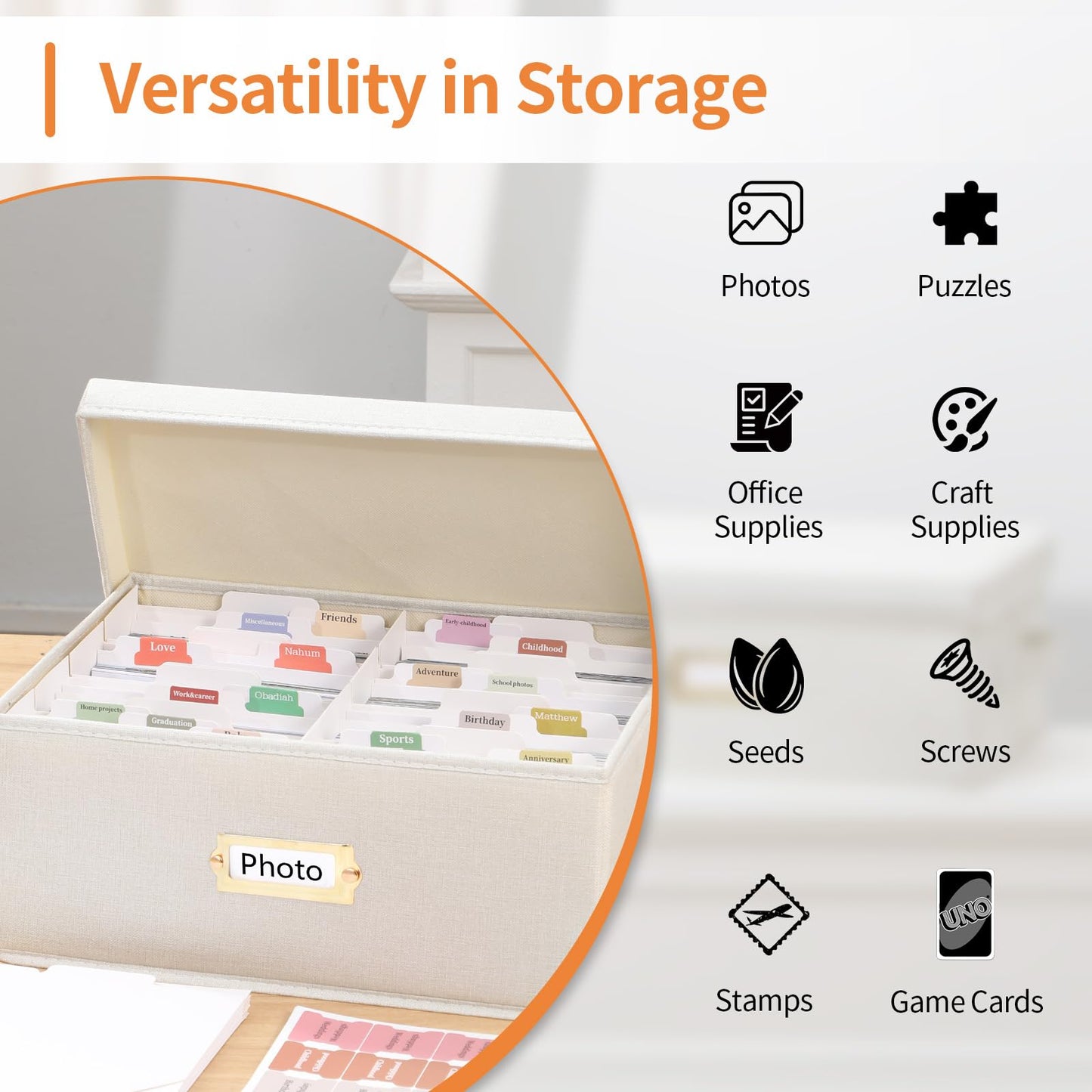 Aokeyee 2PC Photo Storage Box - Decorative Linen Memory Organizer for 4x6 Pictures, Keepsake Box with Dividers & Labels, Holds 3400+ Photos