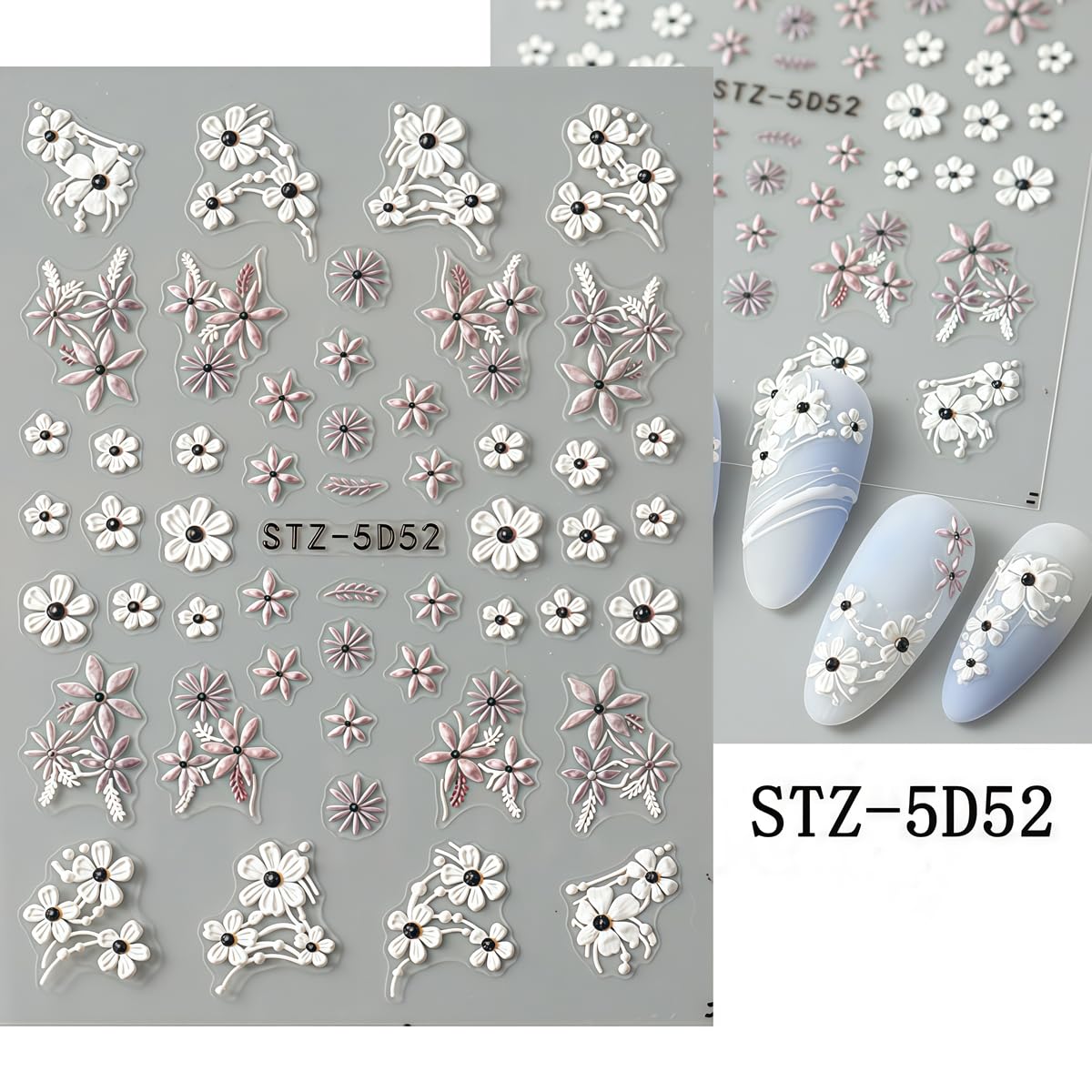 3 Sheets Flower Nail Art Stickers Decals 5D Self-Adhesive Nail Decals Spring/Summer White Fringed Iris Designs, Self-Adhesive Decals for Women's Nail DIY Decoration