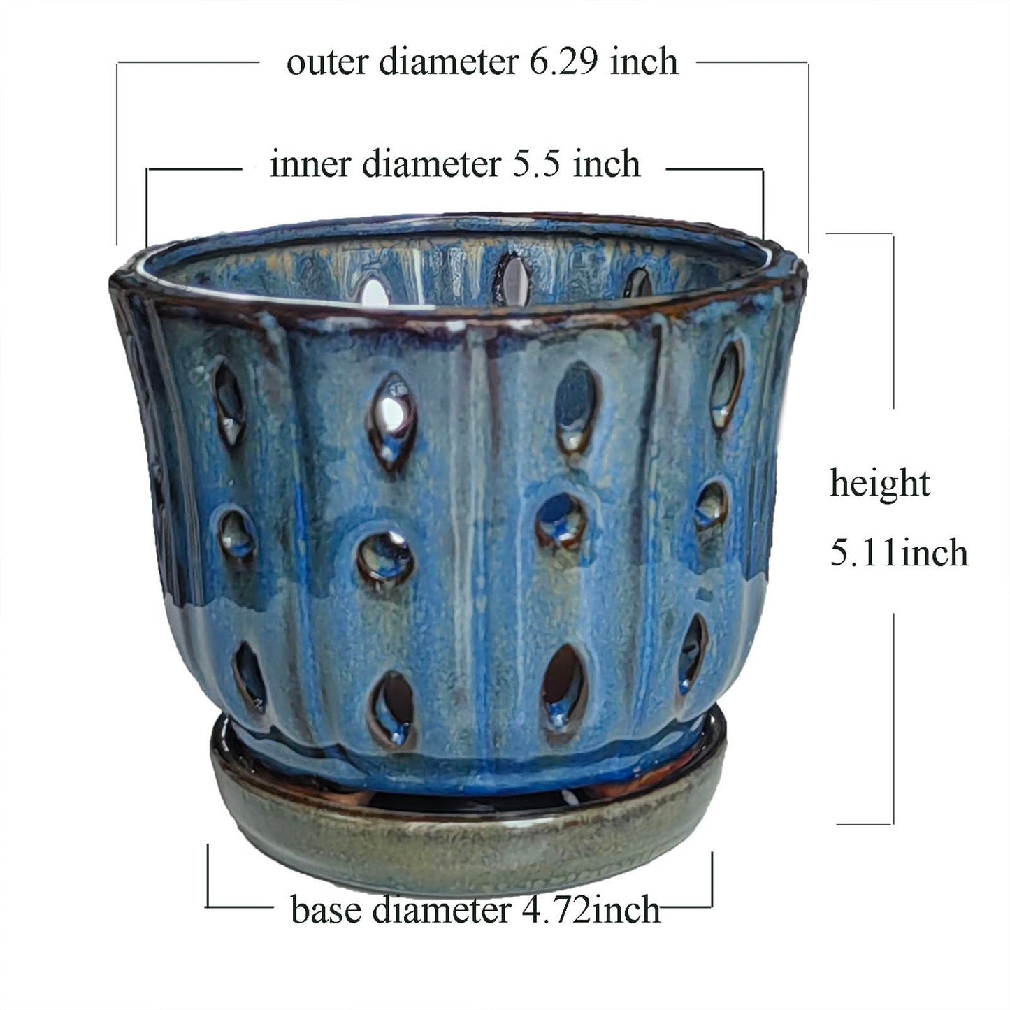 Grdthzey 6 inch Round Ceramic Orchid Pot with Holes Orchid Planter (Dark Blue)