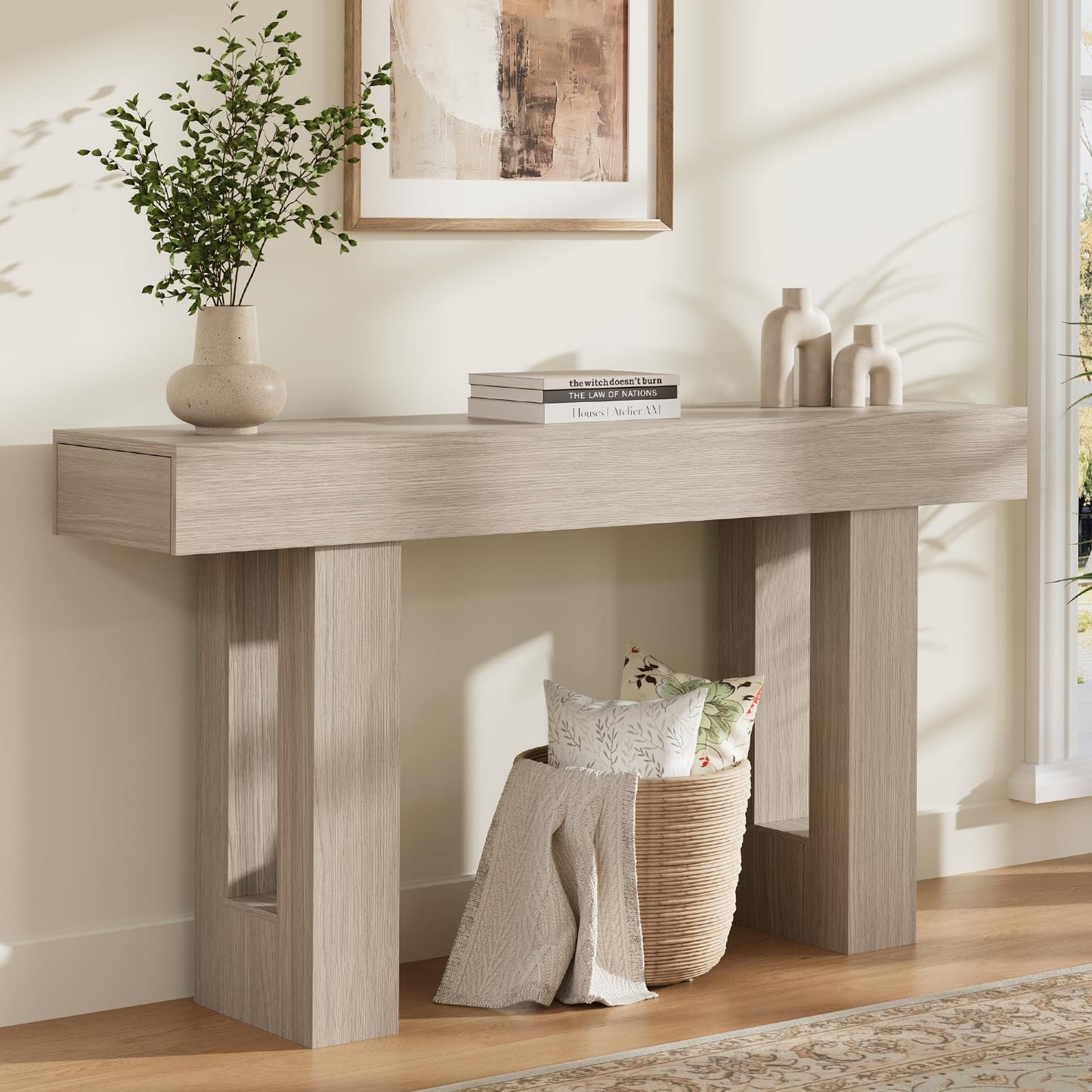 Airynee 63 Inches Long Console Table for Entryway with Drawers, Wooden Sofa Table Behind Couch, Industrial Entry Table for Living Room, Foyer, Hallway, Grey