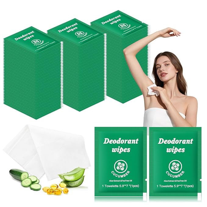 Travel Deodorant Wipes Individually Wrapped,Body Wipes to Clean Skin for Women Men（Cucumber,pack of 100)