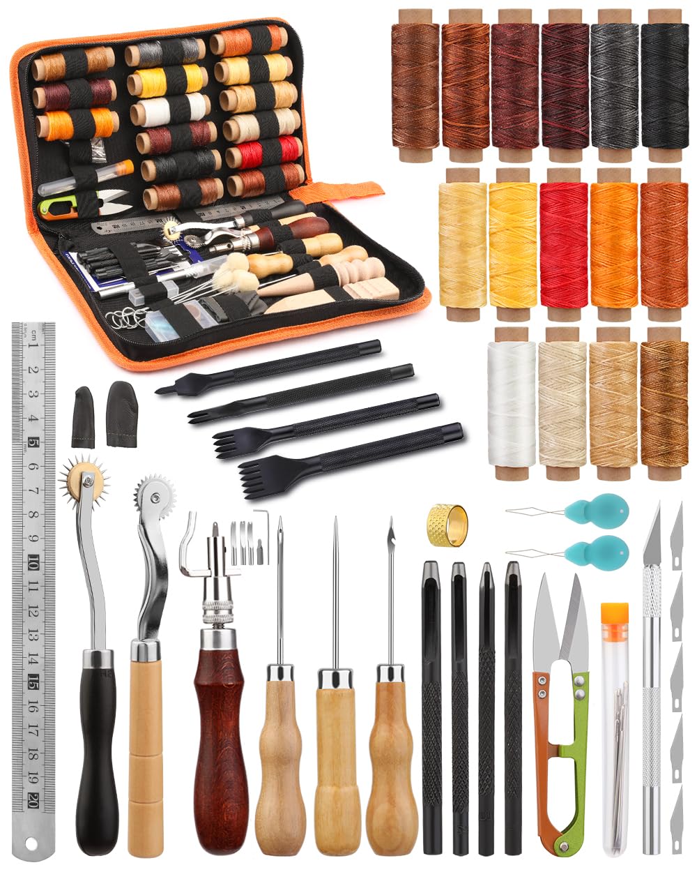 BUTUZE Leather Working Tools, Practical Leather Craft Kit with Waxed Thread Groover Awl Stitching Punch Hole for Leathercraft Beginner or Adults Gifts