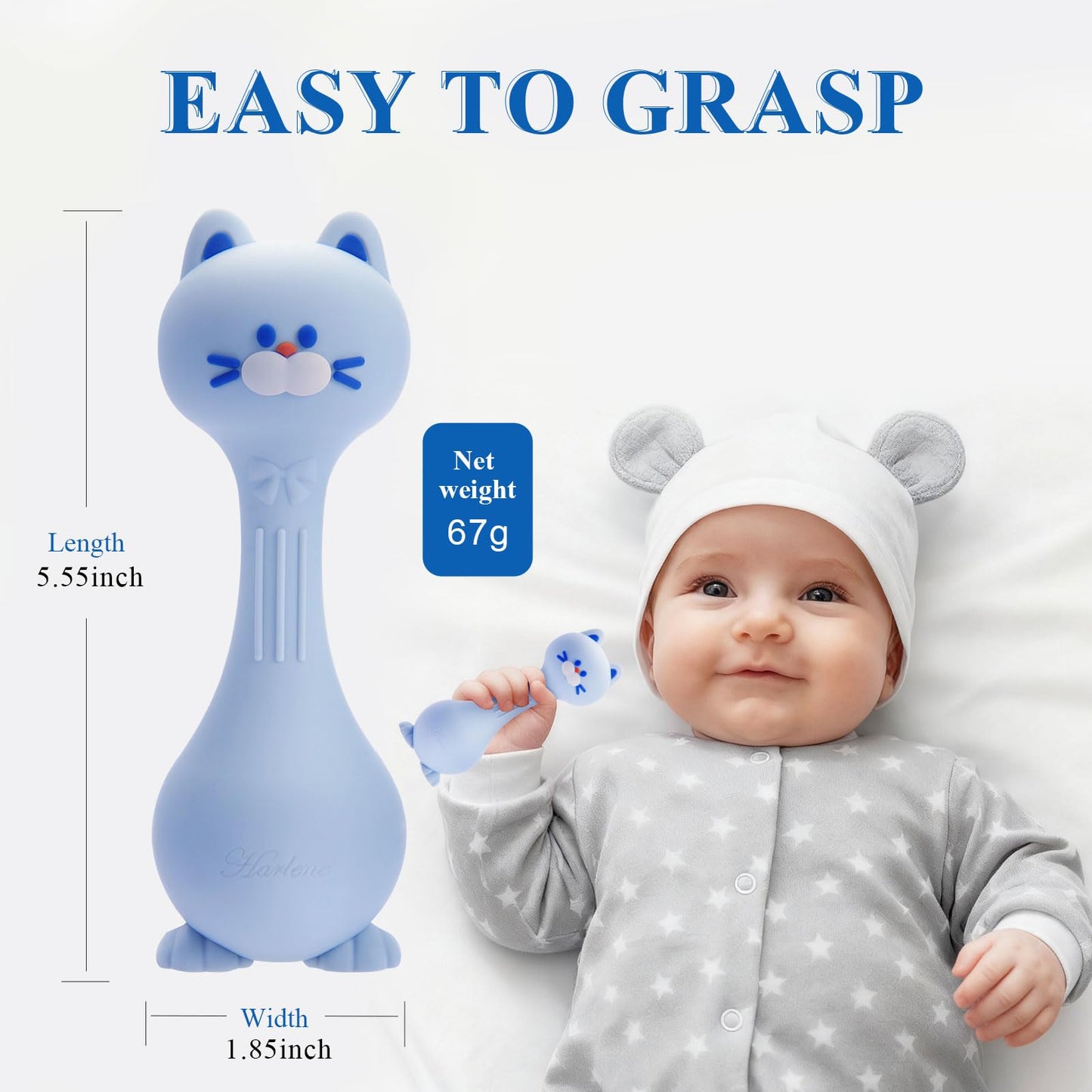 Baby Rattle Teething Toys Cat Silicone Teether Rattles for Baby 0-12 Months Food Grade Silicone (Blue)