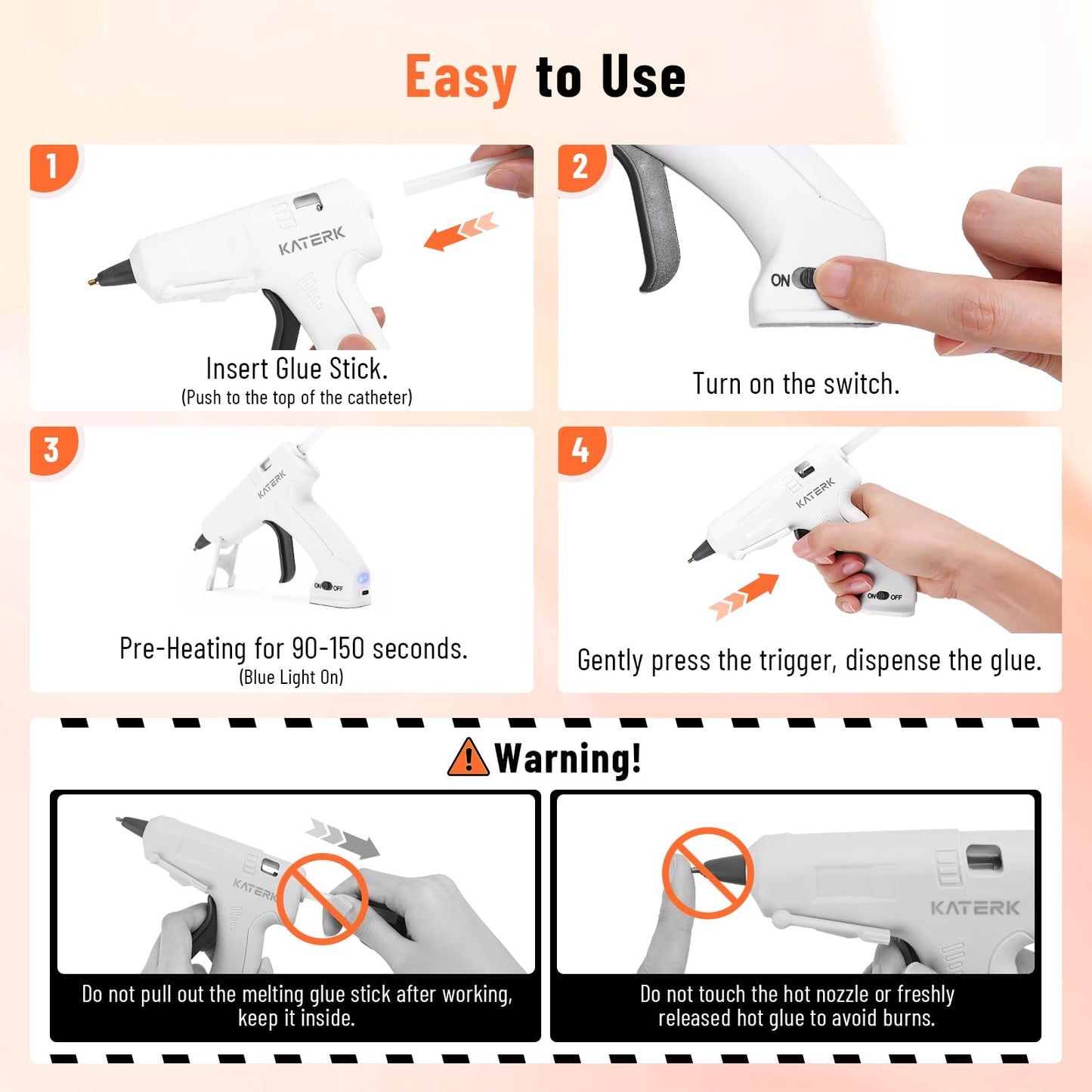 Katerk 3.7V Cordless Hot Glue Gun Kit, 90s Fast Heating, Mini Glue Gun with 15 Glue Sticks, USB-C Rechargeable with 2000mAh Built-in Battery, Ideal for DIY, Gift Making,School Crafts & Repairs (White)