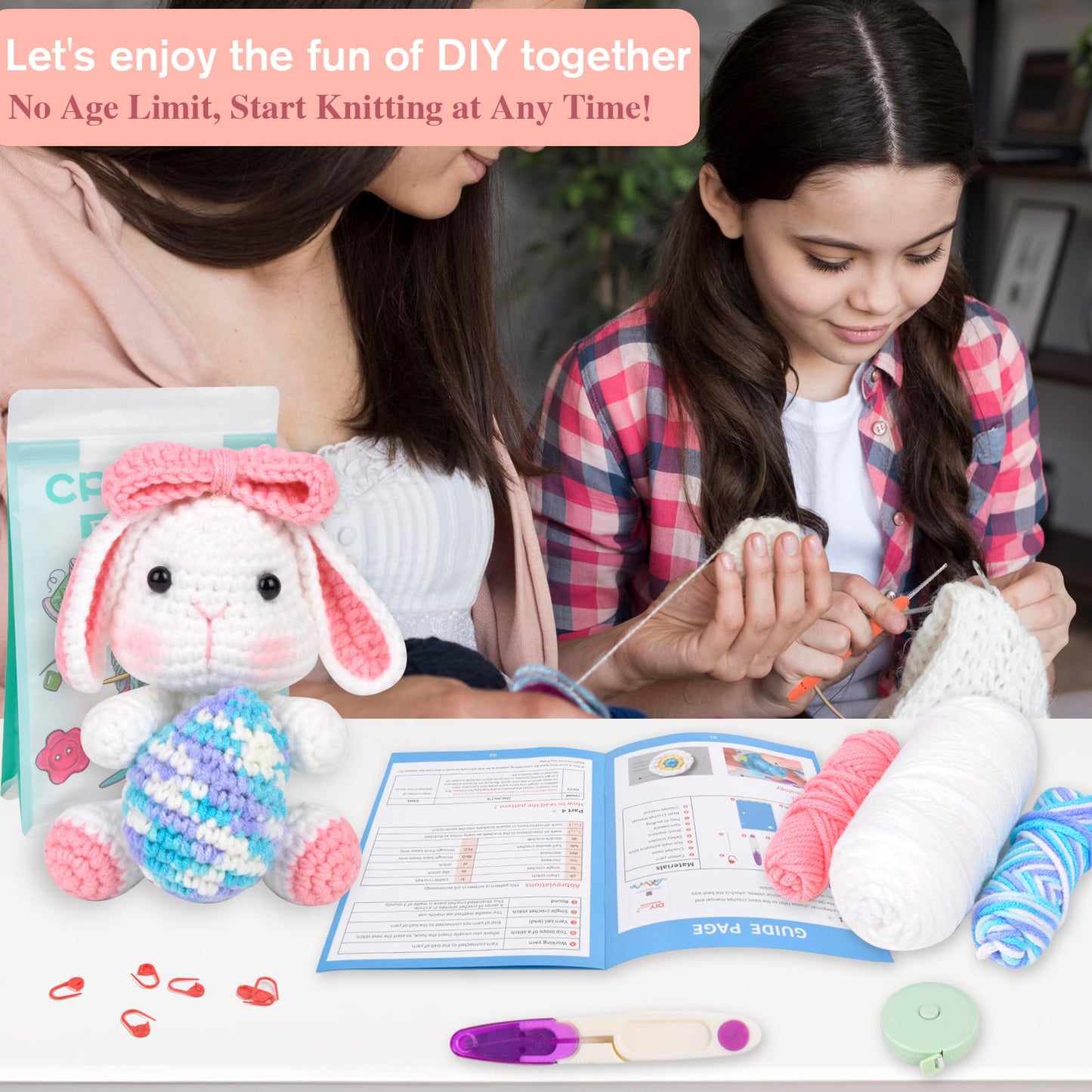 ChezMax Crochet Kit for Beginners, Easter Bunny Crochet Animal Kit with Yarn, Starter Kit with Step-by-Step Video Tutorials, Learn to Crochet Kits for Kids and Adults, DIY Knitting Craft Supplies Gift