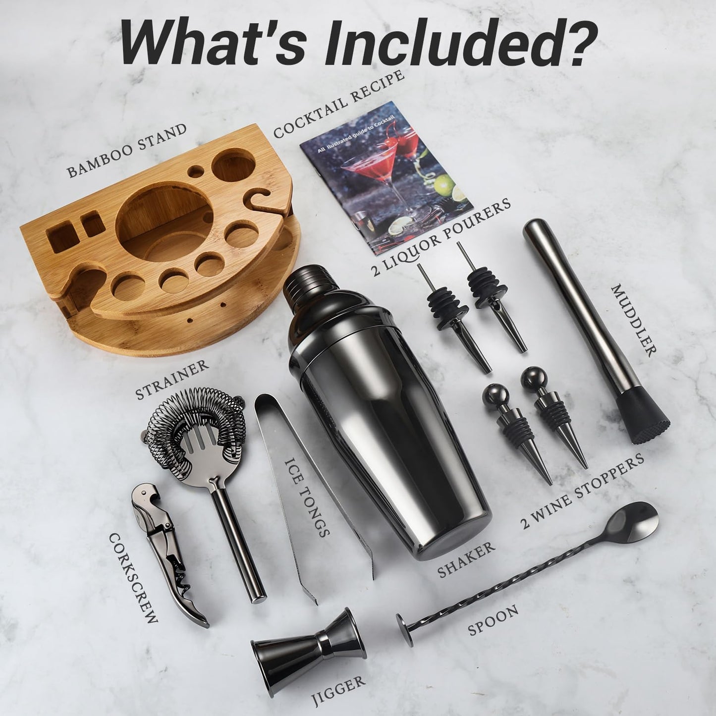 Cocktail Shaker Set Bartender Kit with Stand, 12 Piece Bar Set Drink Mixer Set with Stainless Steel Bar Accessories Tools: 25oz Martini Shaker Jigger Strainer Spoon Muddler for Cocktails (Black)