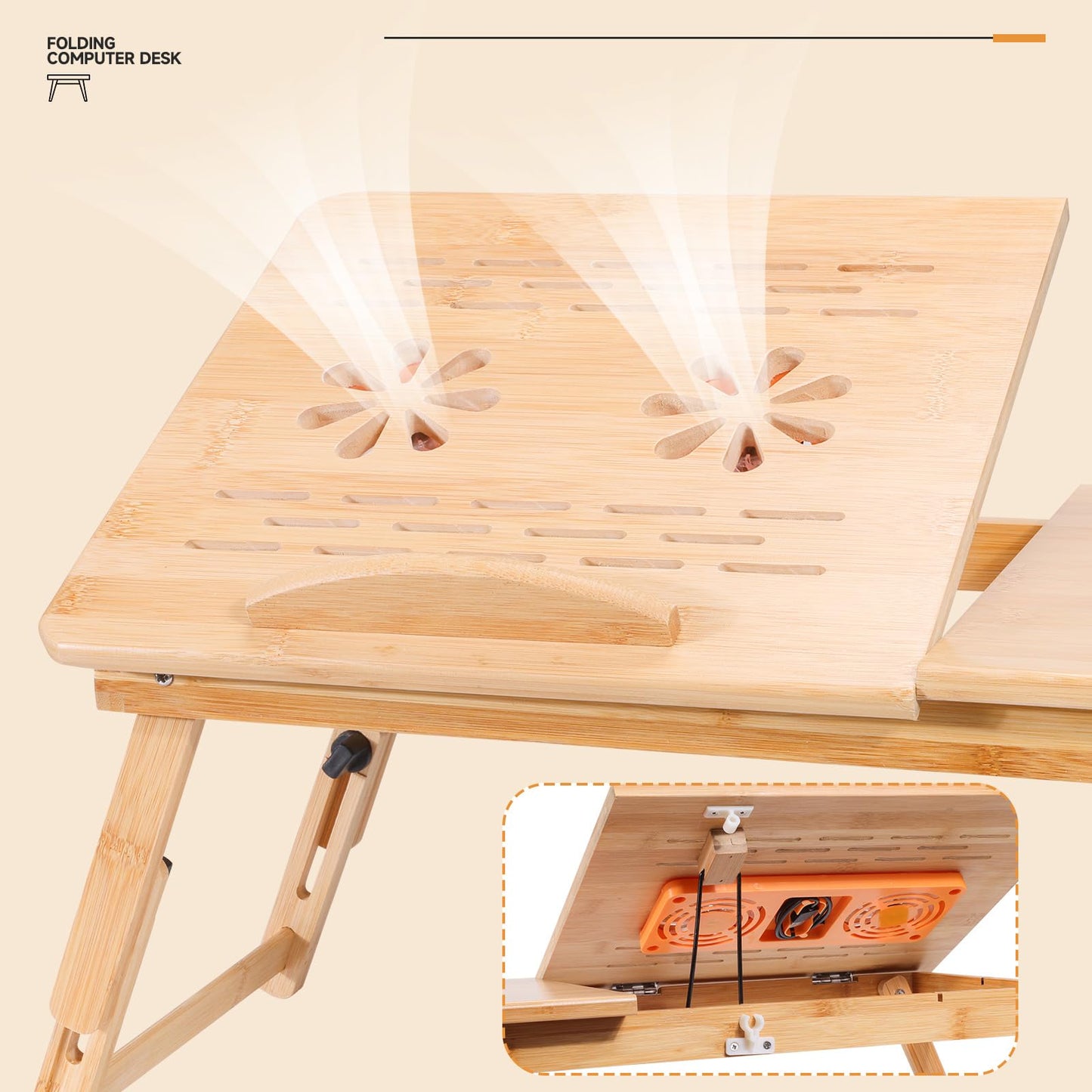 JELNER Adjustable Bamboo Laptop Desk with Cooling Fan, Foldable Bed Tray for Breakfast, Writing, and Drawing, with Tilting Top and Drawer, Portable Lap Desk for Bed, Sofa, and Floor.