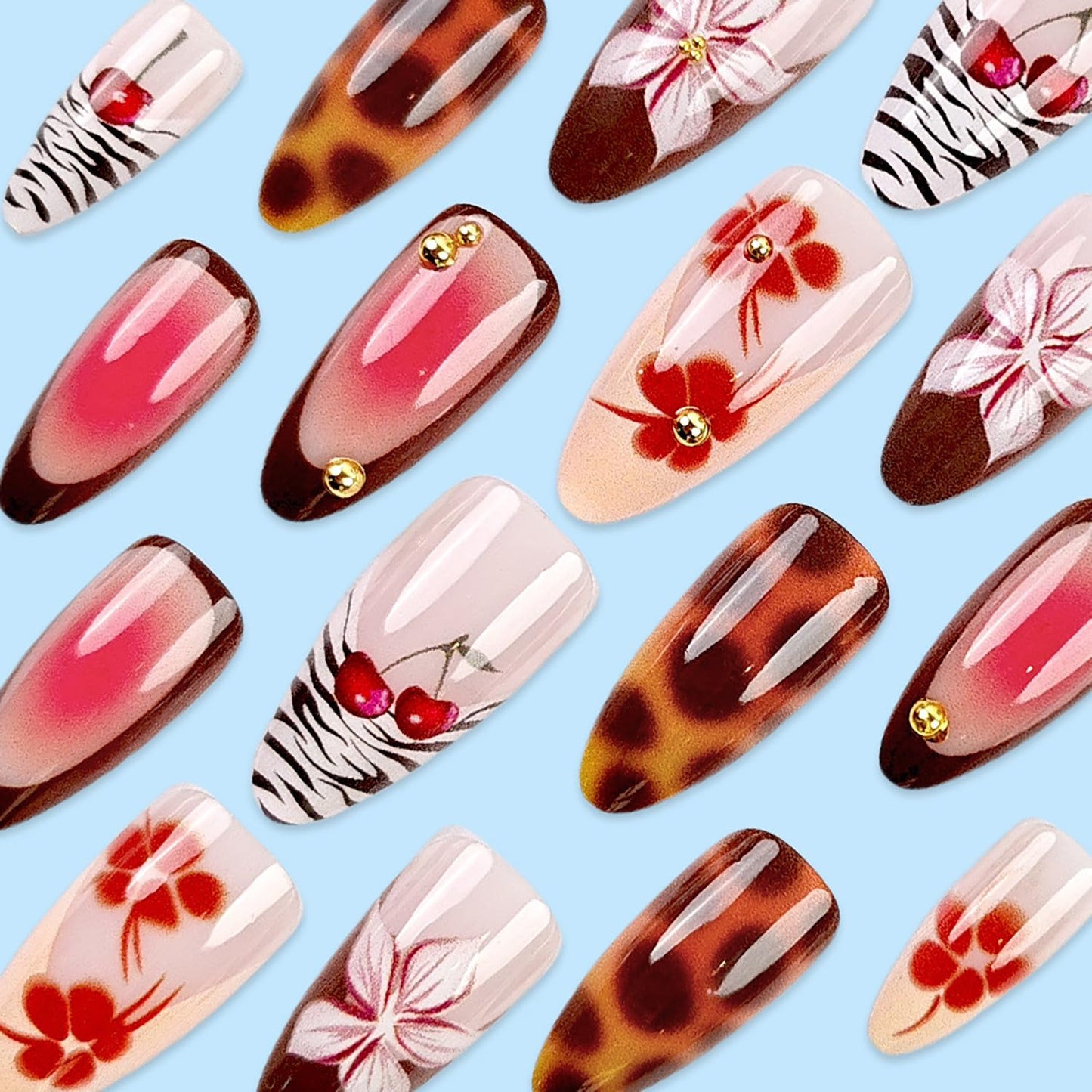 Leopard French Tip Press on Nails Medium Almond Shaped Flower Rhinestones Design Artificial Coffin Nail Full Cover Cherry Stick on Nail Acrylic Press Ons Glossy Glue on Nails for Women 24Pcs